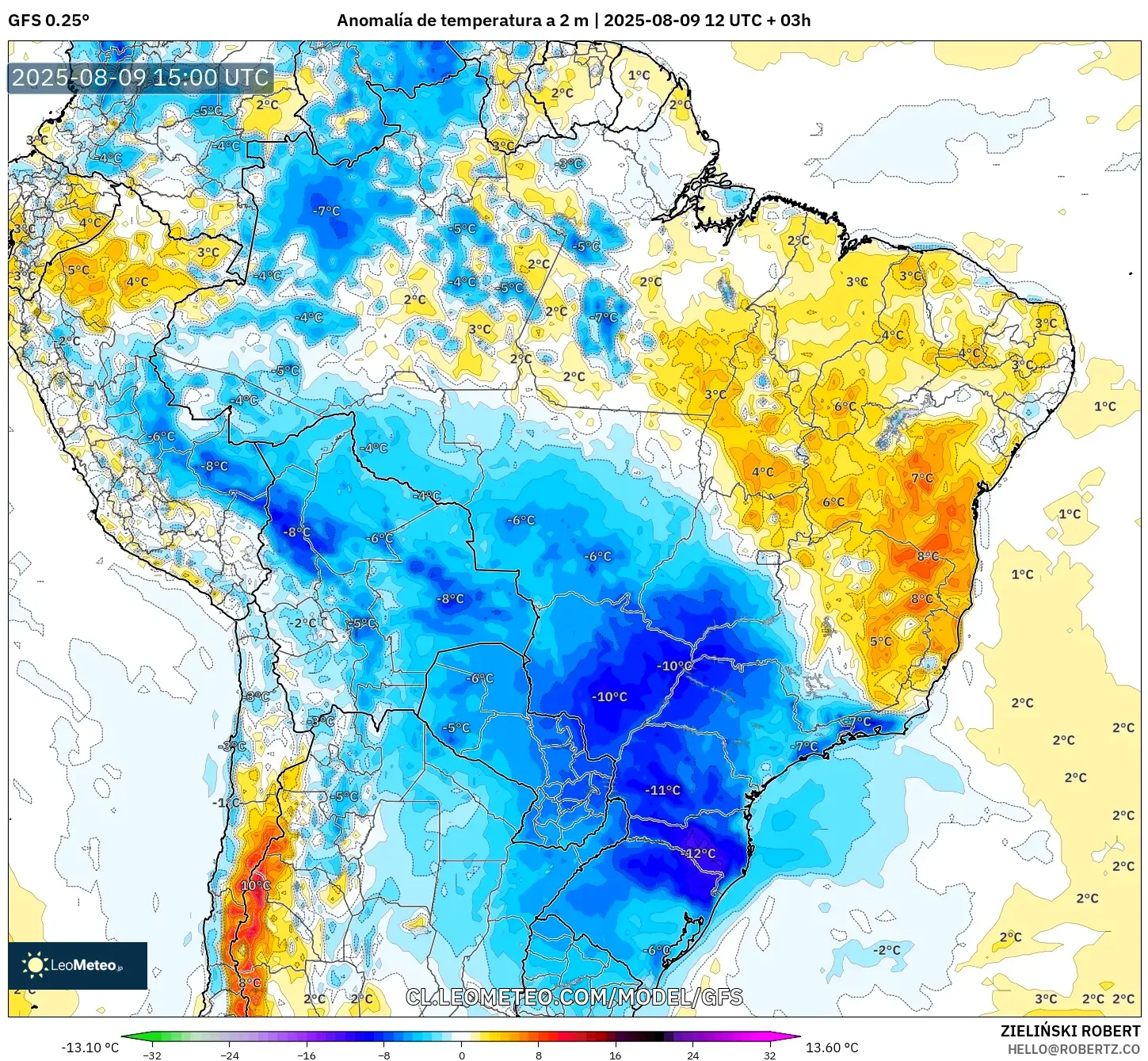 GFS model - Brasil, Anomalía de temperatura a 2 m GFS model - Brasil, Anomalía de temperatura a 2 m