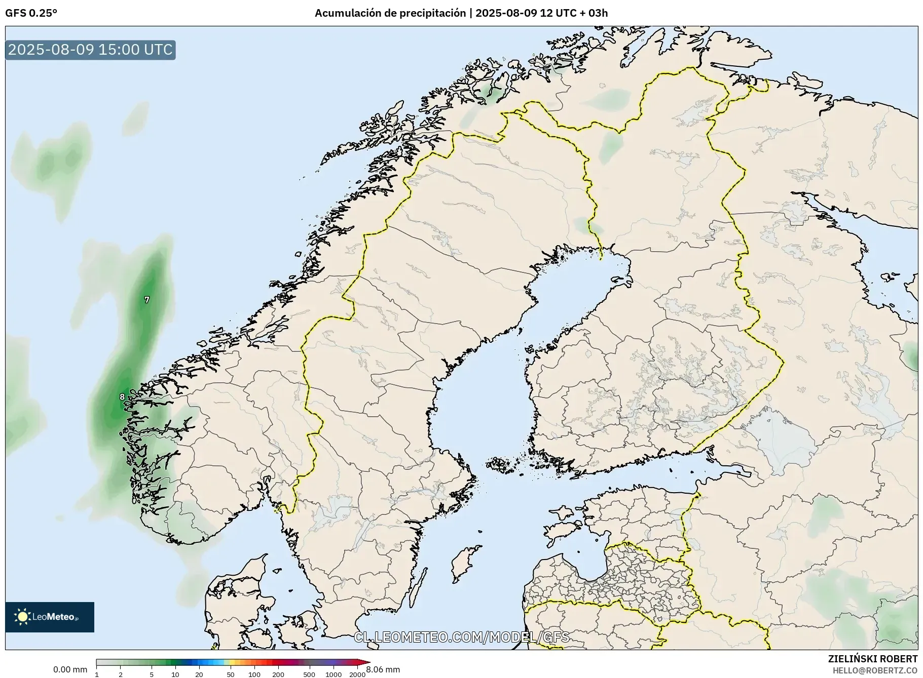 GFS model - Escandinavia, Acumulación de precipitación
