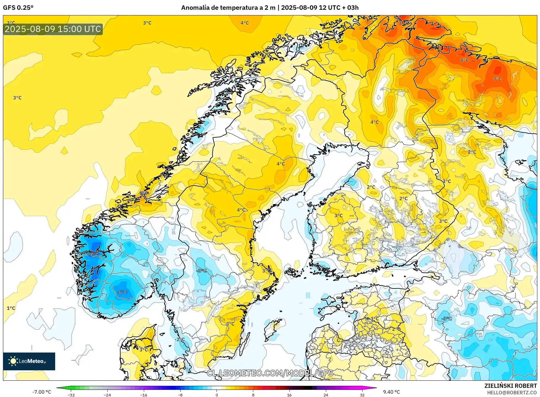 GFS model - Escandinavia, Anomalía de temperatura a 2 m GFS model - Escandinavia, Anomalía de temperatura a 2 m