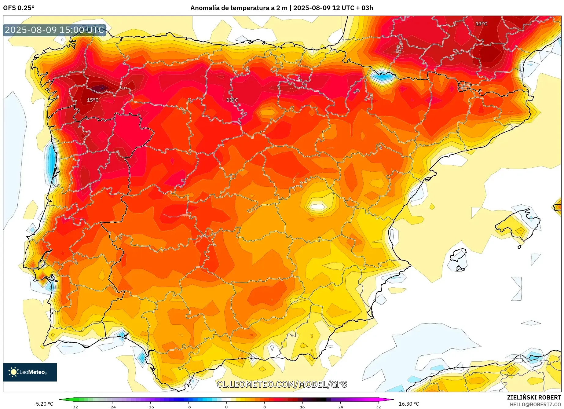 GFS model - España, Anomalía de temperatura a 2 m GFS model - España, Anomalía de temperatura a 2 m