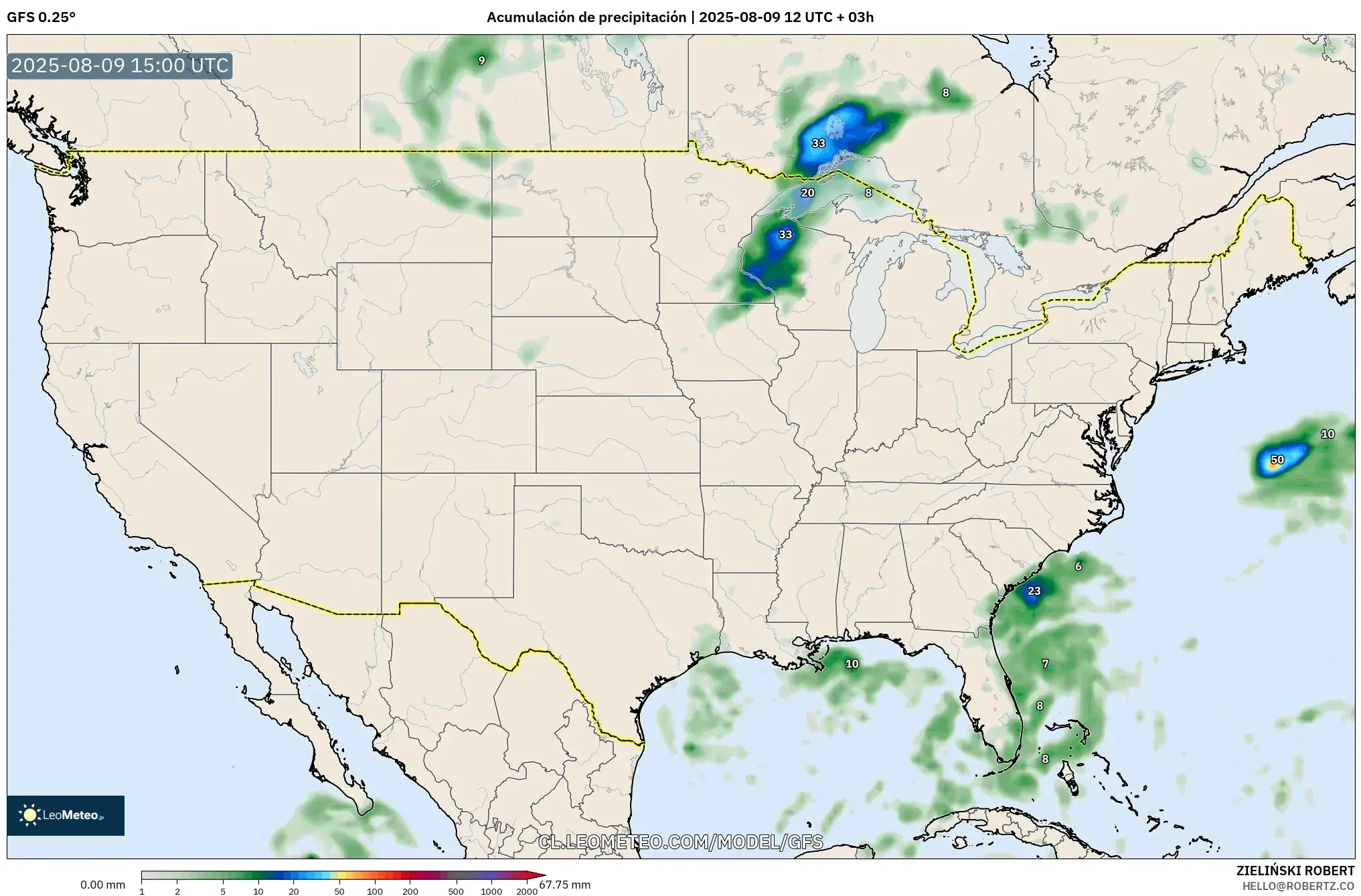 GFS model - Estados Unidos, Acumulación de precipitación GFS model - Estados Unidos, Acumulación de precipitación