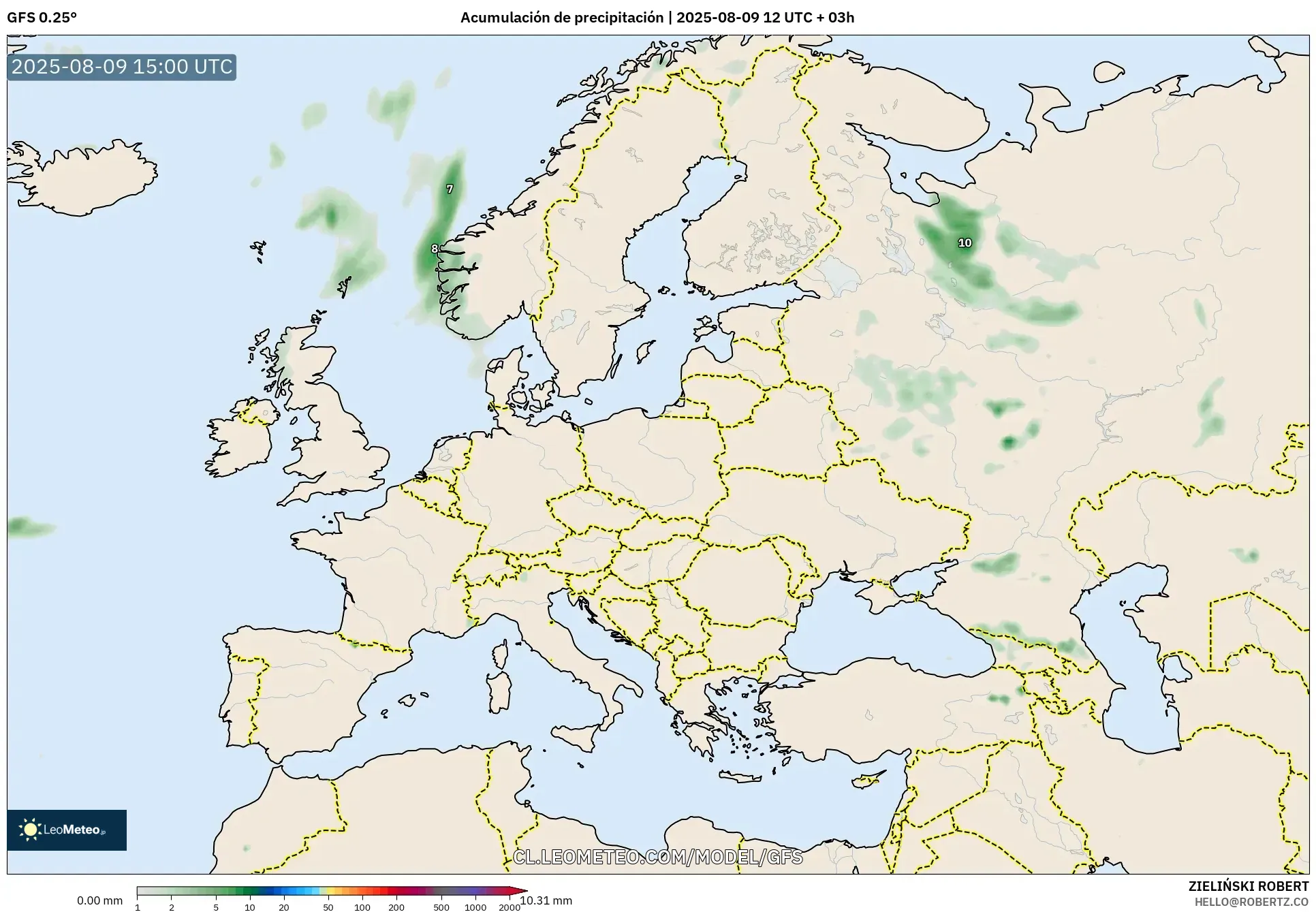 GFS model - Europa, Acumulación de precipitación GFS model - Europa, Acumulación de precipitación