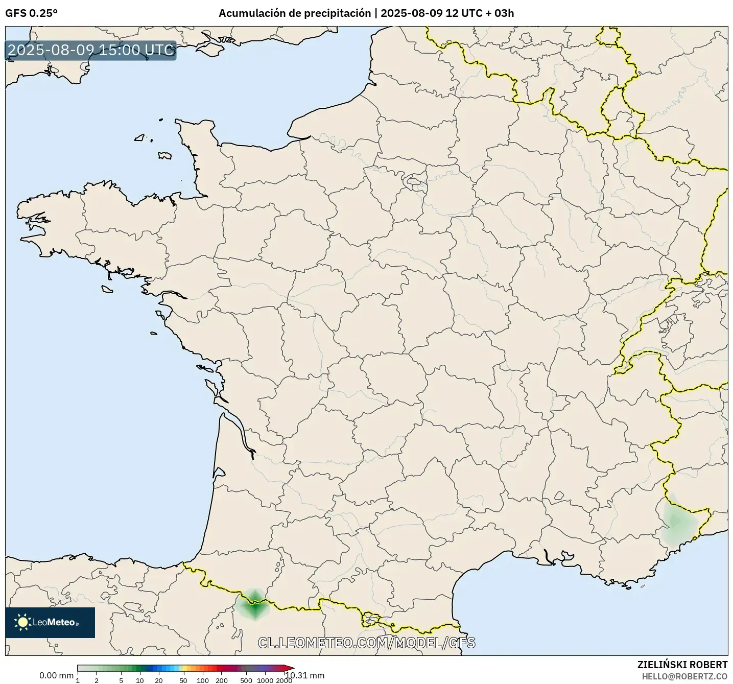 GFS model - Francia, Acumulación de precipitación GFS model - Francia, Acumulación de precipitación