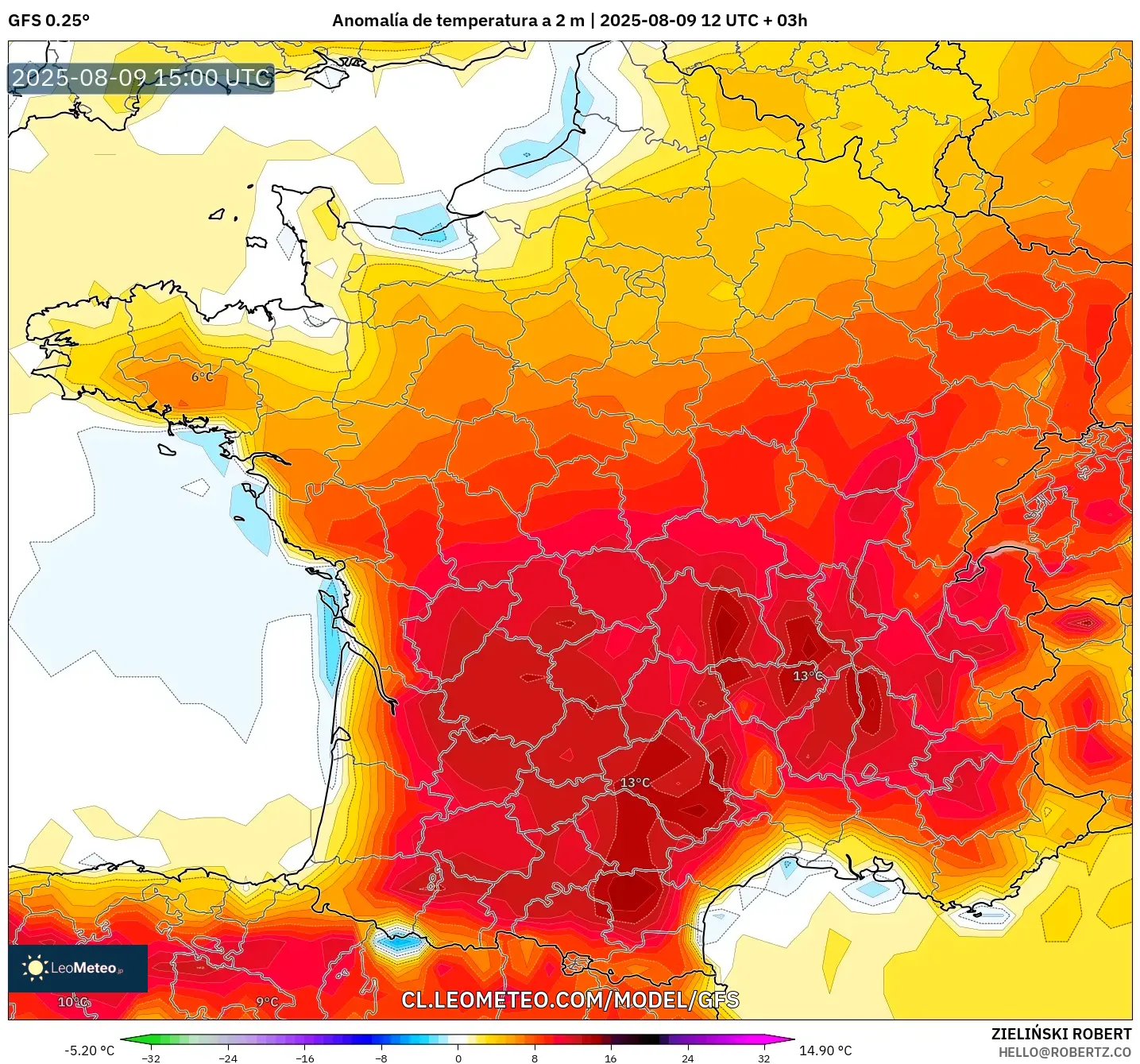 GFS model - Francia, Anomalía de temperatura a 2 m