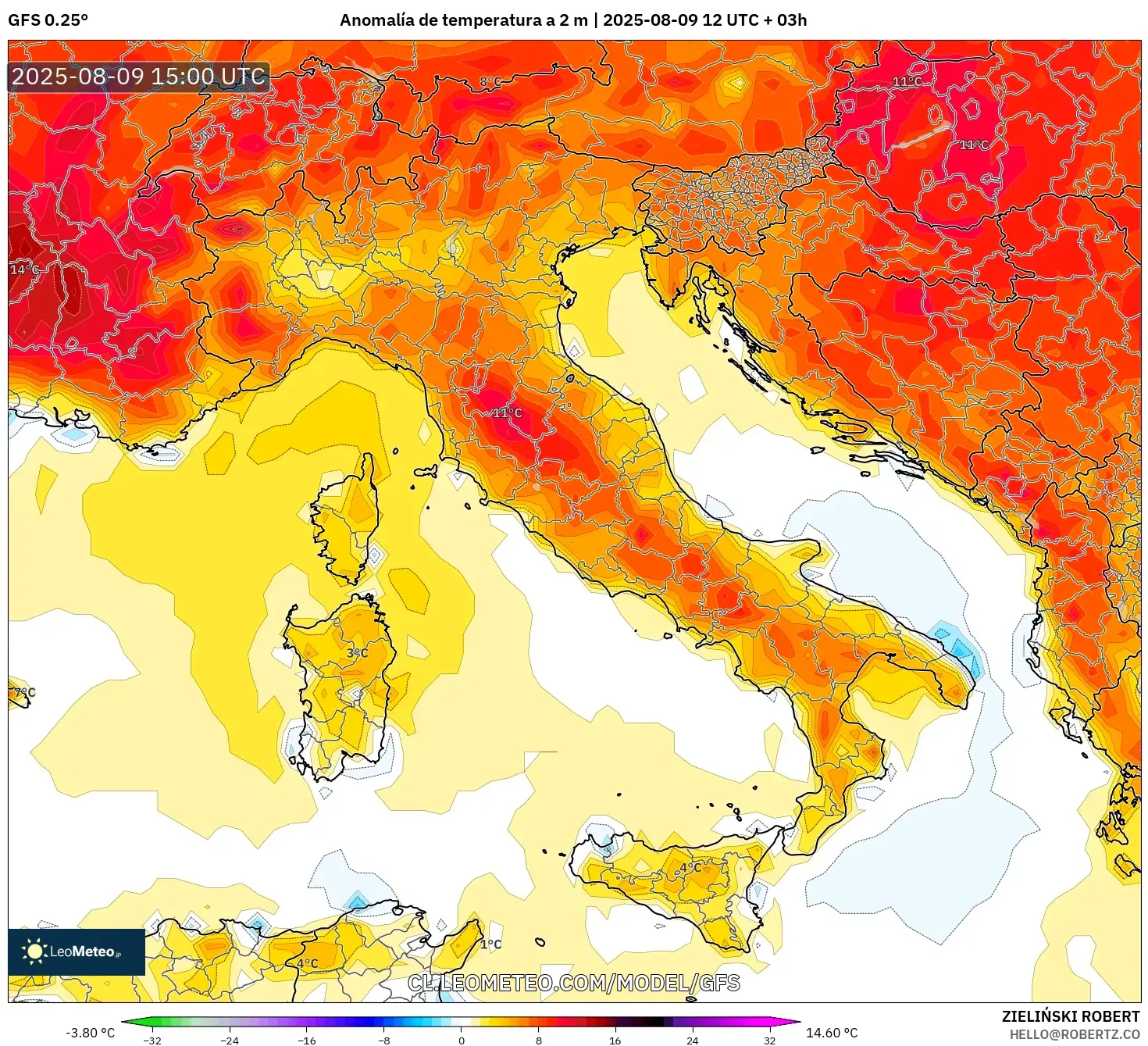 GFS model - Italia, Anomalía de temperatura a 2 m GFS model - Italia, Anomalía de temperatura a 2 m