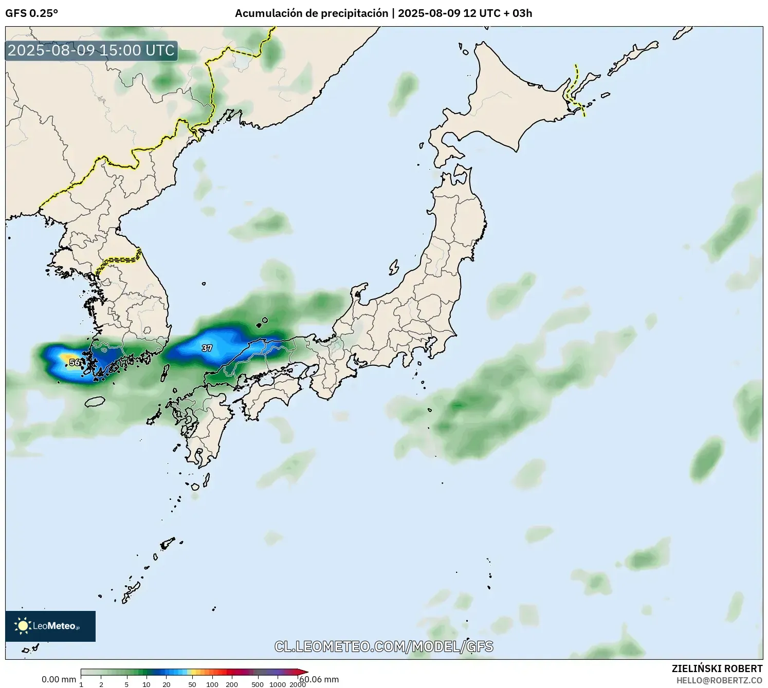 GFS model - Japón, Acumulación de precipitación