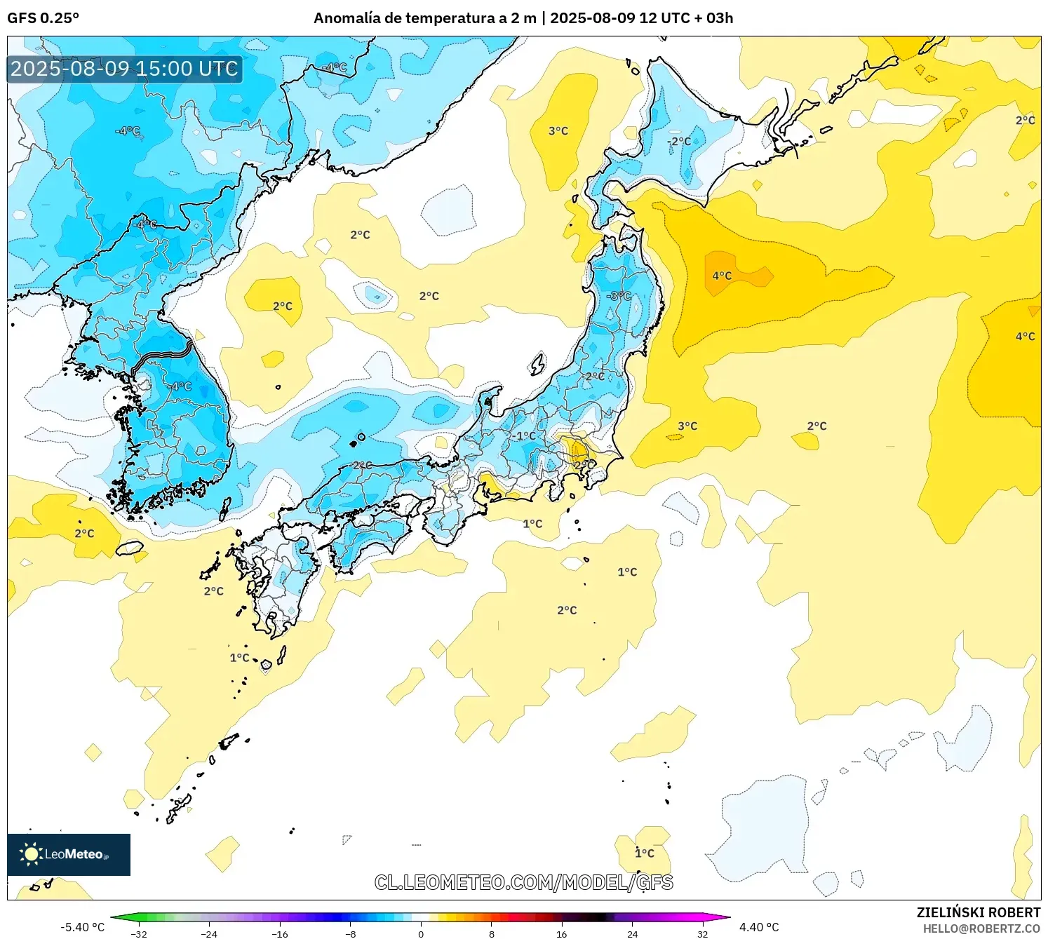 GFS model - Japón, Anomalía de temperatura a 2 m GFS model - Japón, Anomalía de temperatura a 2 m