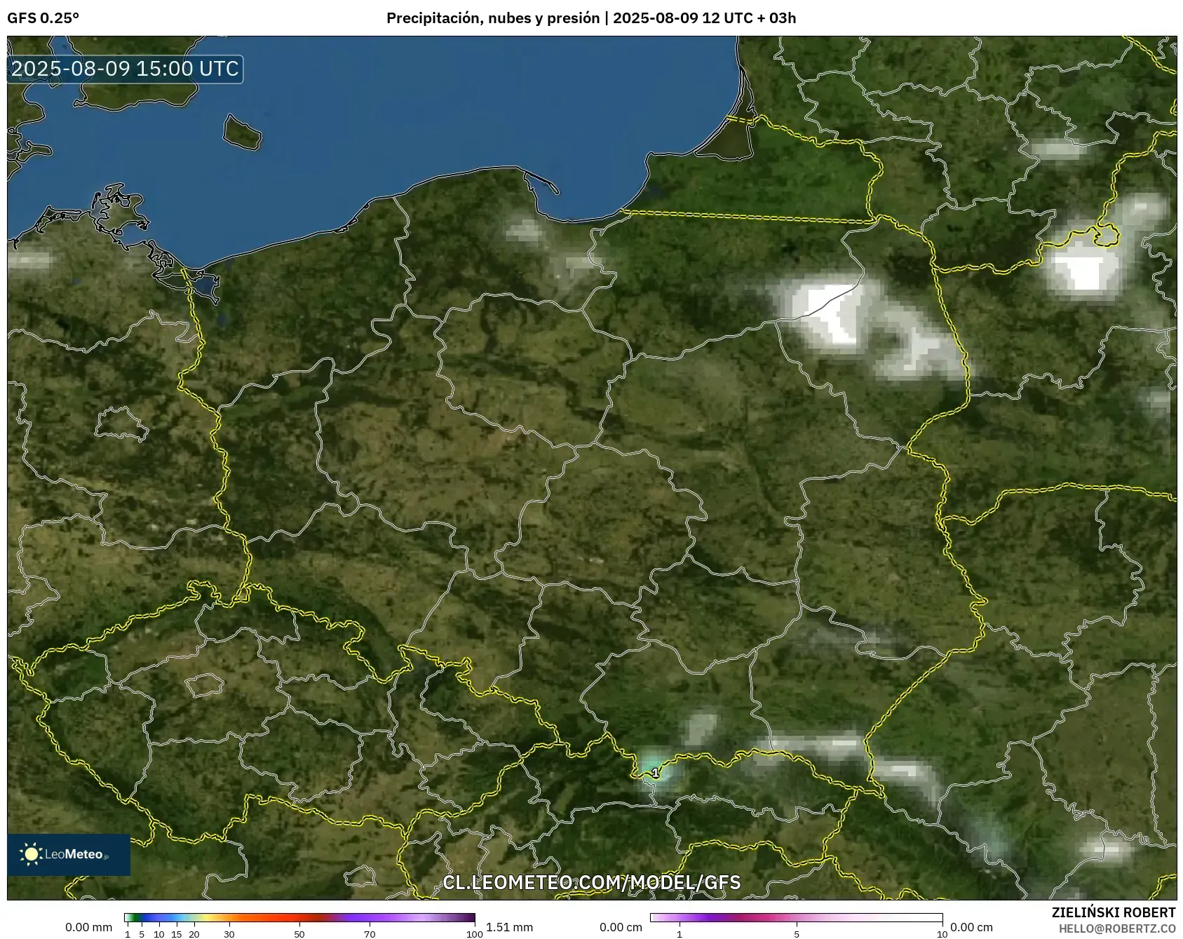 GFS model - Polonia, Precipitación, nubes y presión GFS model - Polonia, Precipitación, nubes y presión