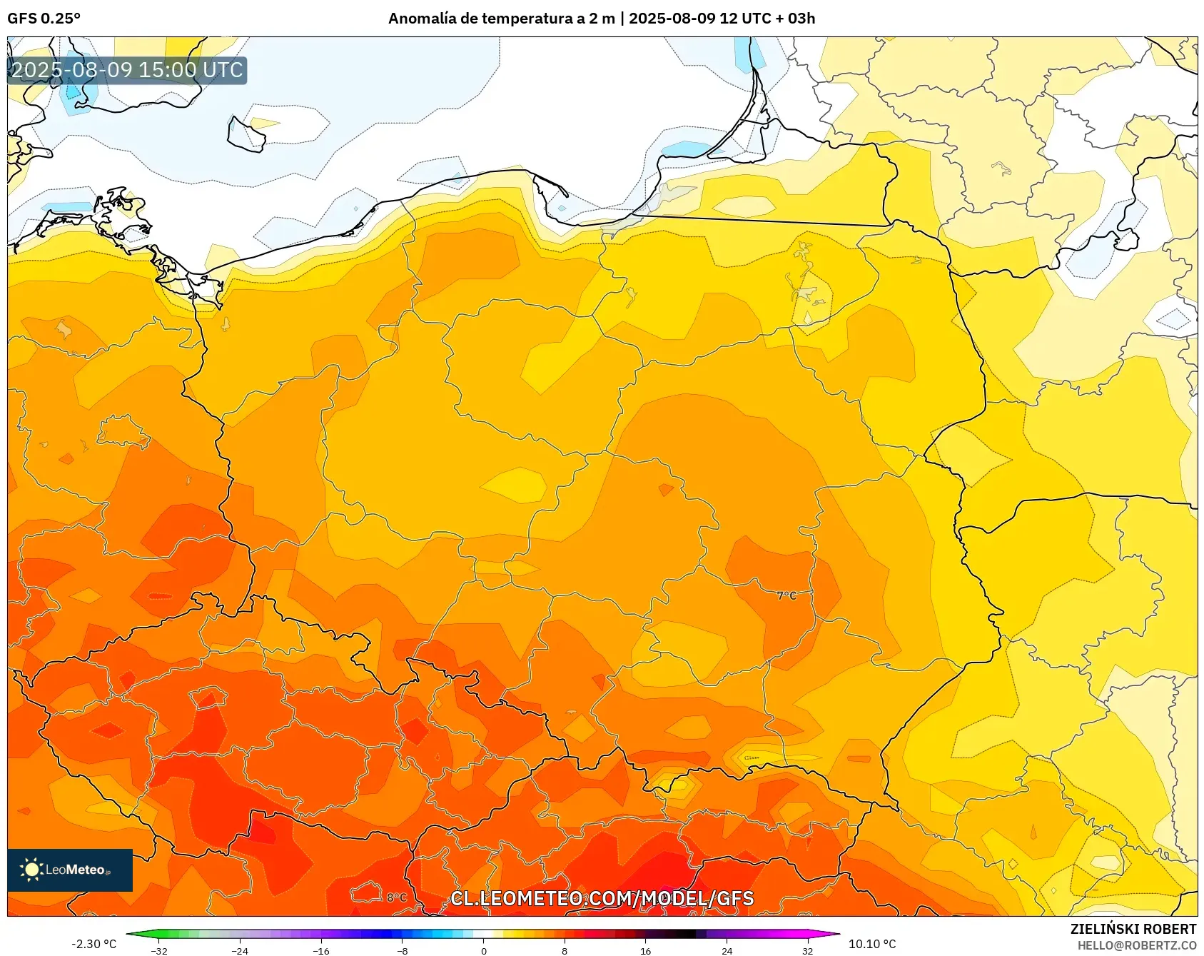 GFS model - Polonia, Anomalía de temperatura a 2 m