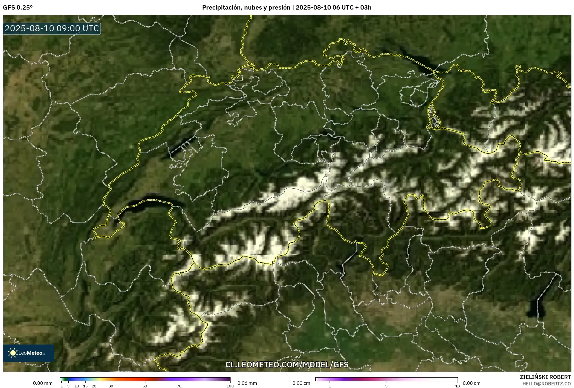 GFS model - Suiza, Precipitación, nubes y presión GFS model - Suiza, Precipitación, nubes y presión