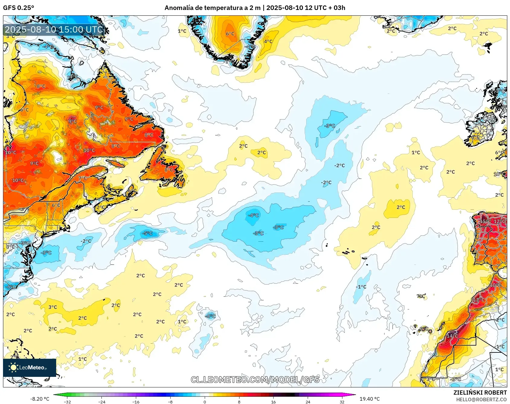 GFS model - Norte Atlántico, Anomalía de temperatura a 2 m GFS model - Norte Atlántico, Anomalía de temperatura a 2 m