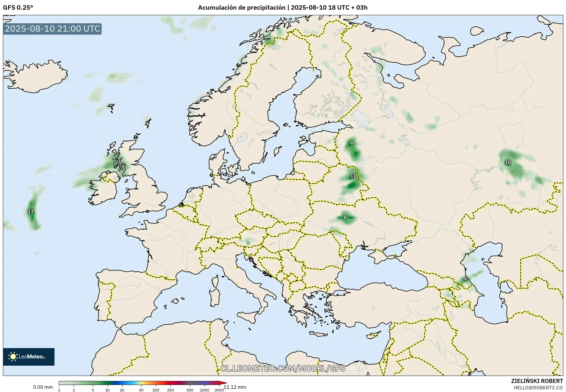 GFS model - Europa, Acumulación de precipitación
