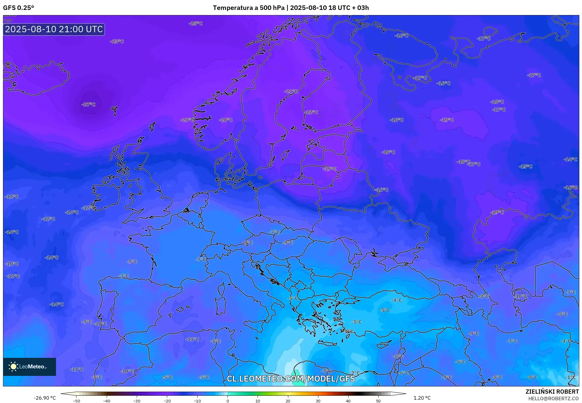 GFS model - Europa, Temperatura a 500 hPa