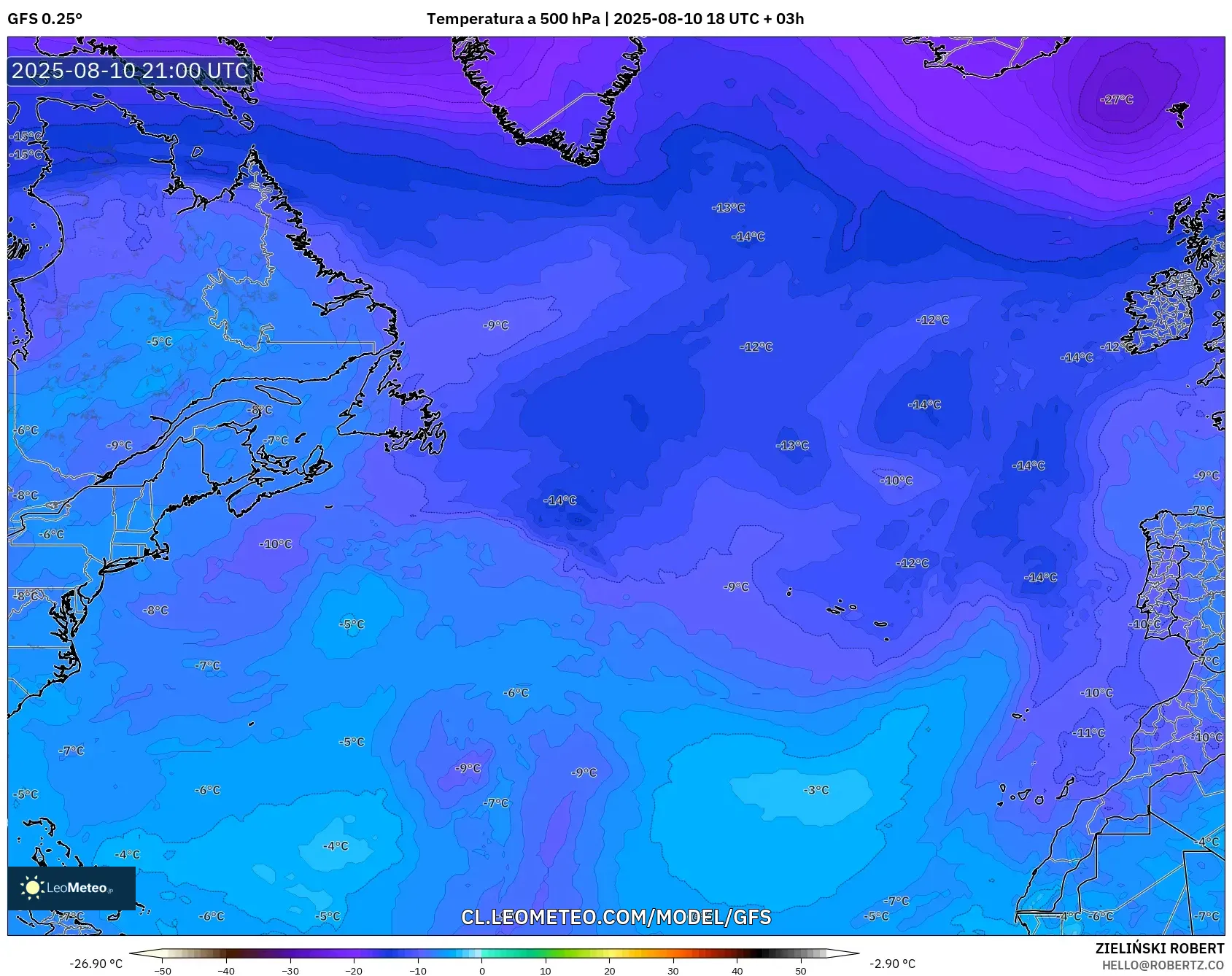 GFS model - Norte Atlántico, Temperatura a 500 hPa