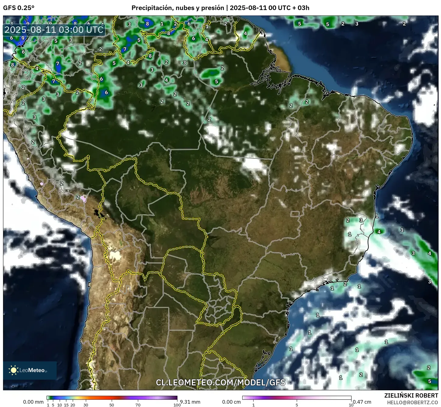 GFS model - Brasil, Precipitación, nubes y presión