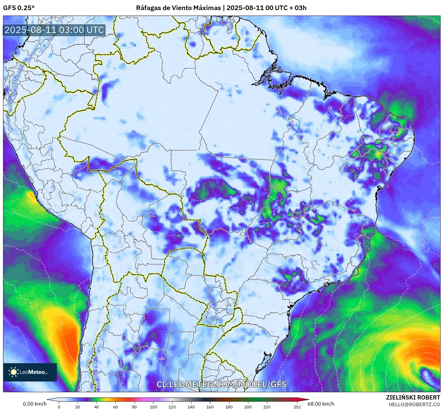 GFS model - Brasil, Ráfagas de Viento Máximas