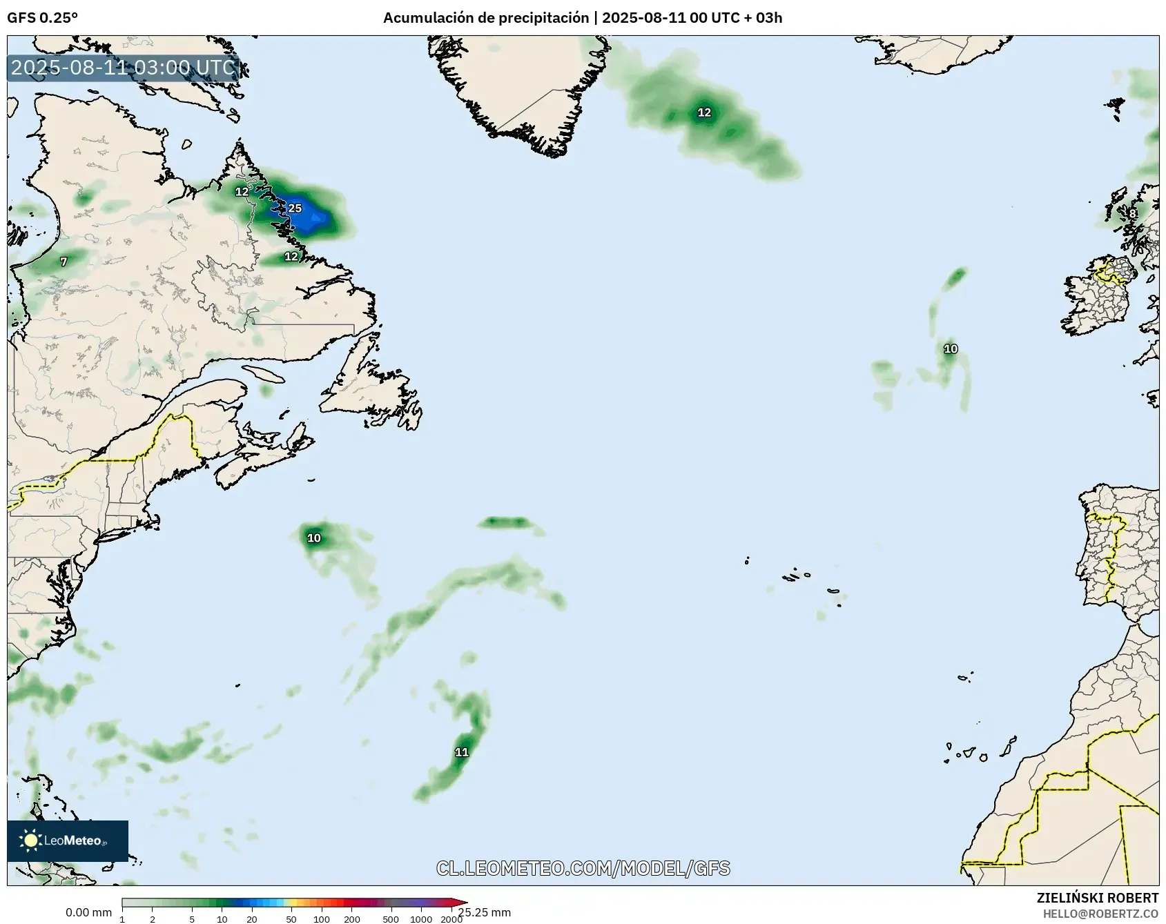 GFS model - Norte Atlántico, Acumulación de precipitación