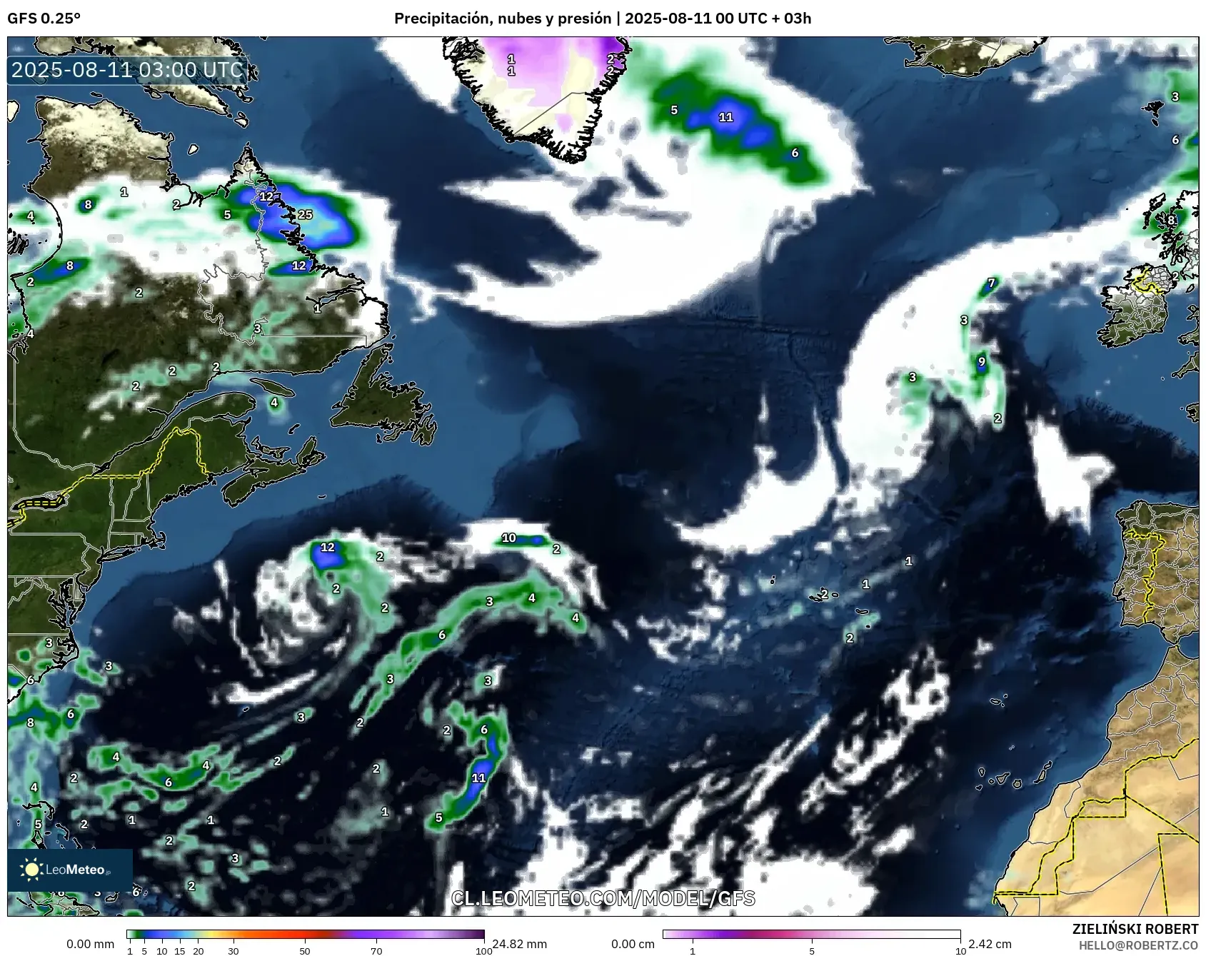 GFS model - Norte Atlántico, Precipitación, nubes y presión