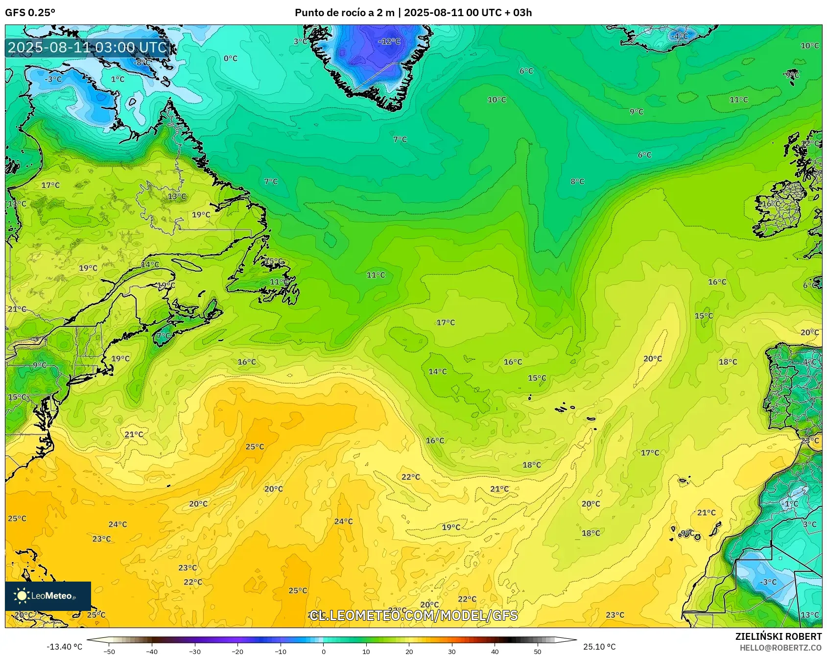 GFS model - Norte Atlántico, Punto de rocío a 2 m