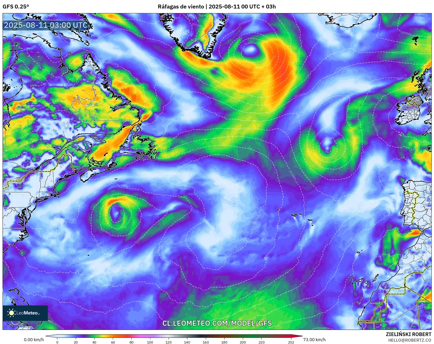 GFS model - Norte Atlántico, Ráfagas de viento