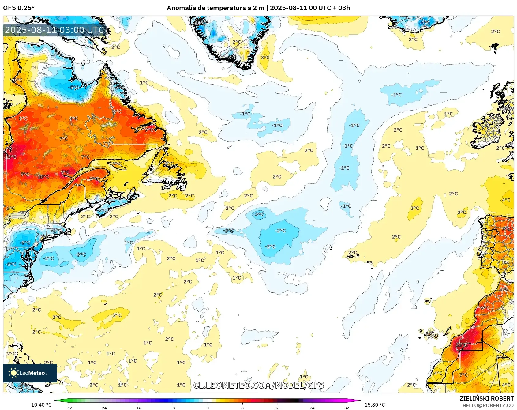 GFS model - Norte Atlántico, Anomalía de temperatura a 2 m GFS model - Norte Atlántico, Anomalía de temperatura a 2 m