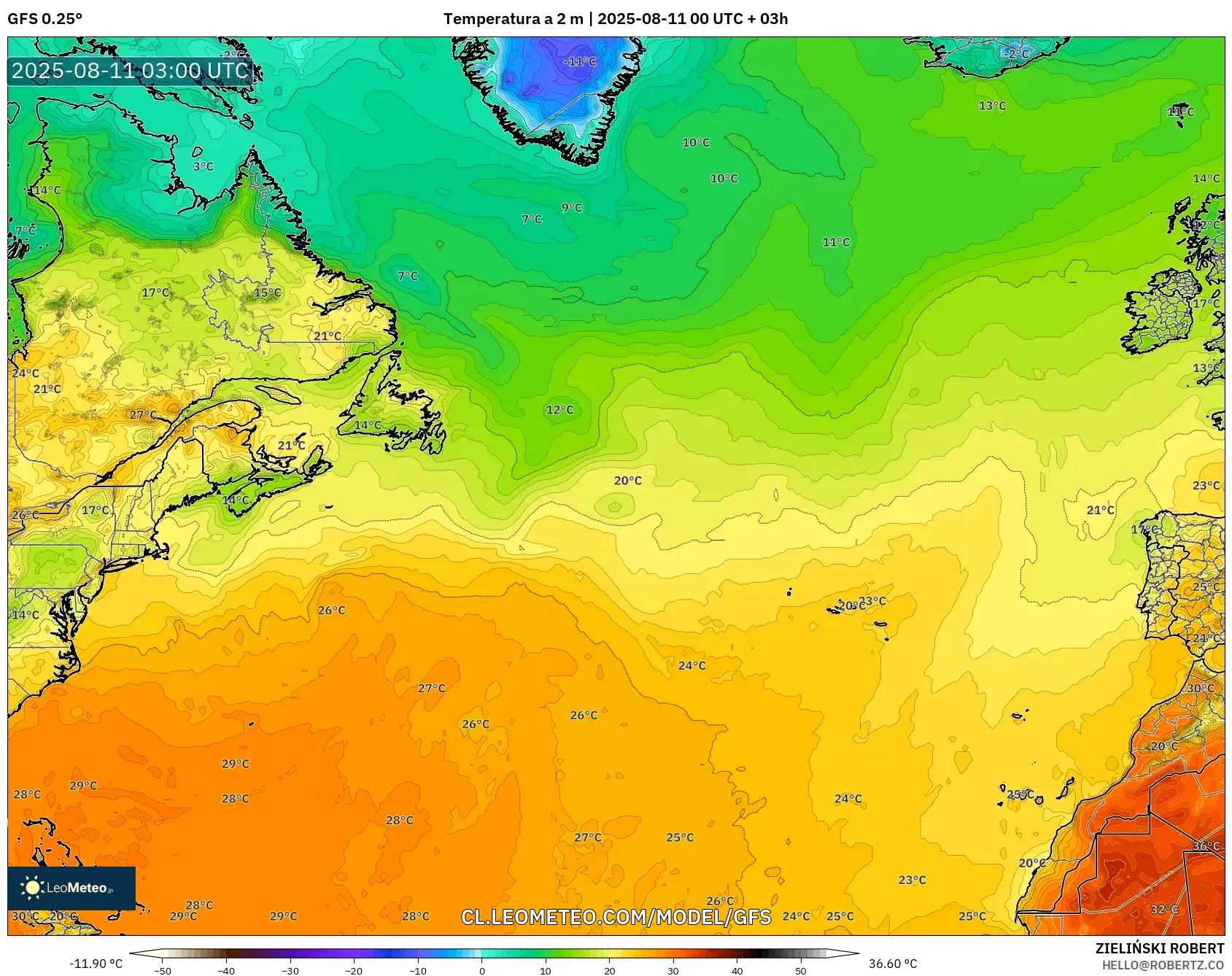 GFS model - Norte Atlántico, Temperatura a 2 m