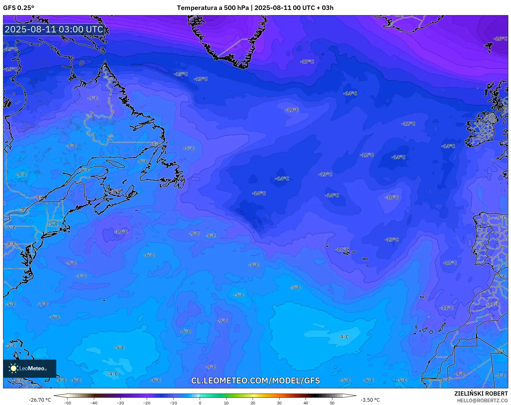 GFS model - Norte Atlántico, Temperatura a 500 hPa