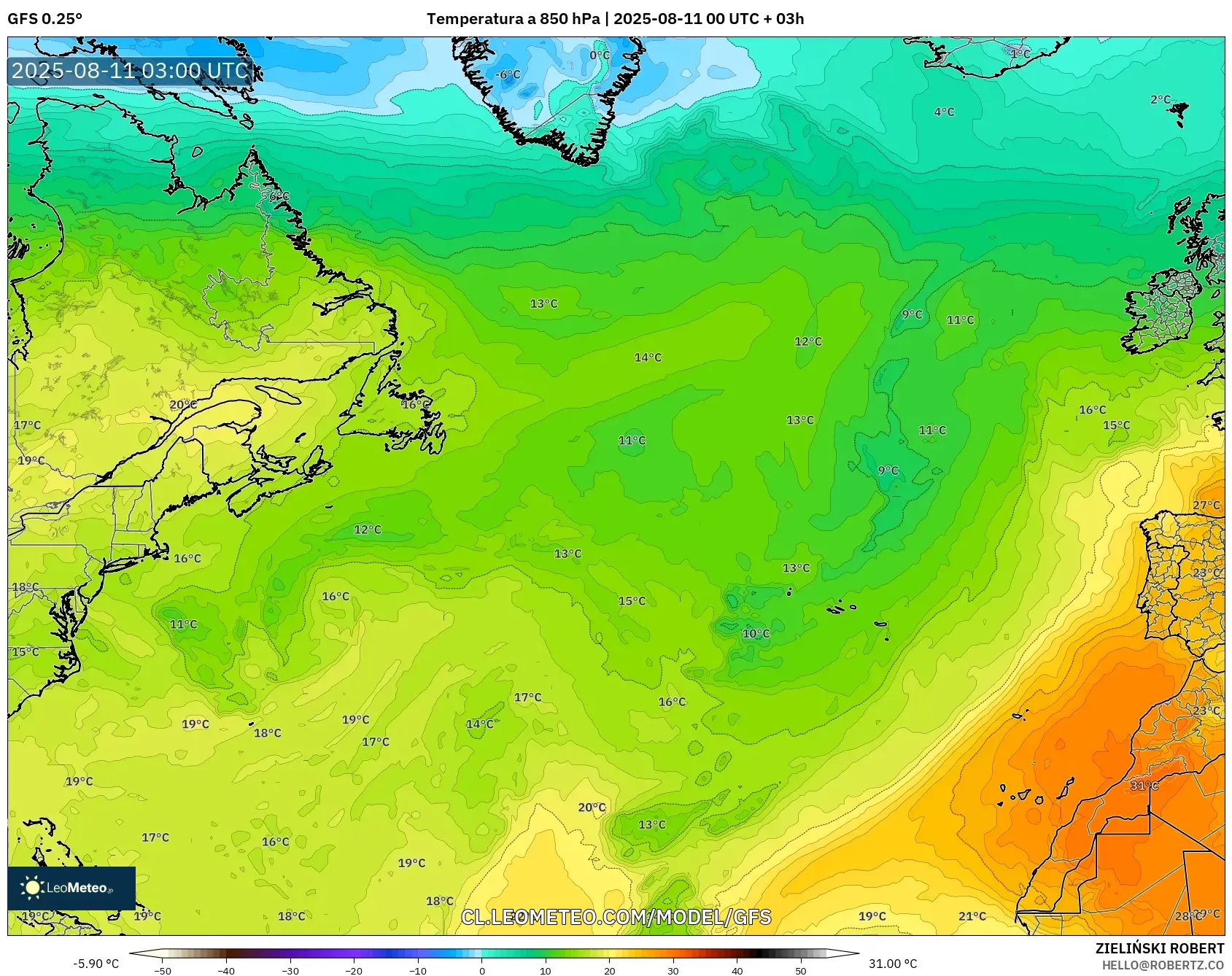 GFS model - Norte Atlántico, Temperatura a 850 hPa GFS model - Norte Atlántico, Temperatura a 850 hPa