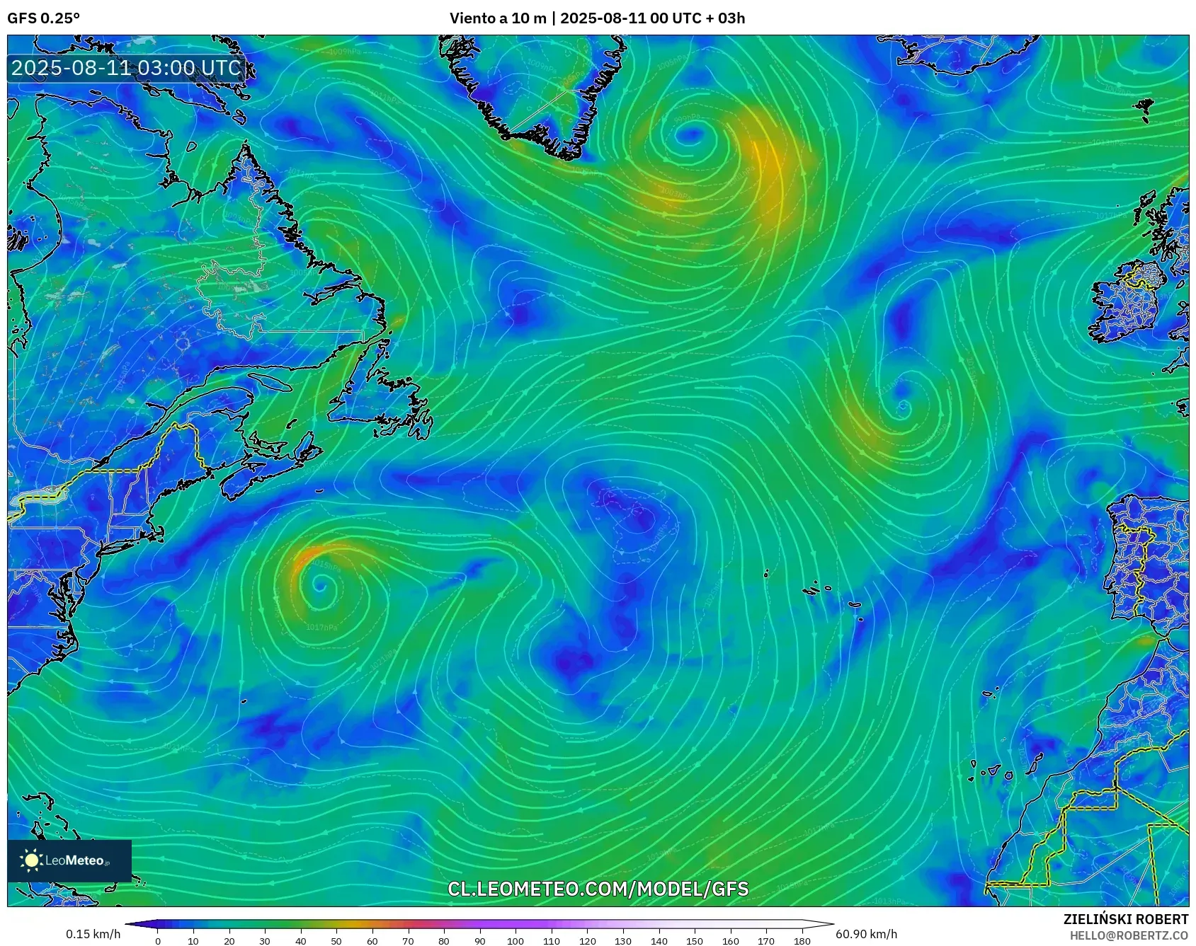 GFS model - Norte Atlántico, Viento a 10 m GFS model - Norte Atlántico, Viento a 10 m