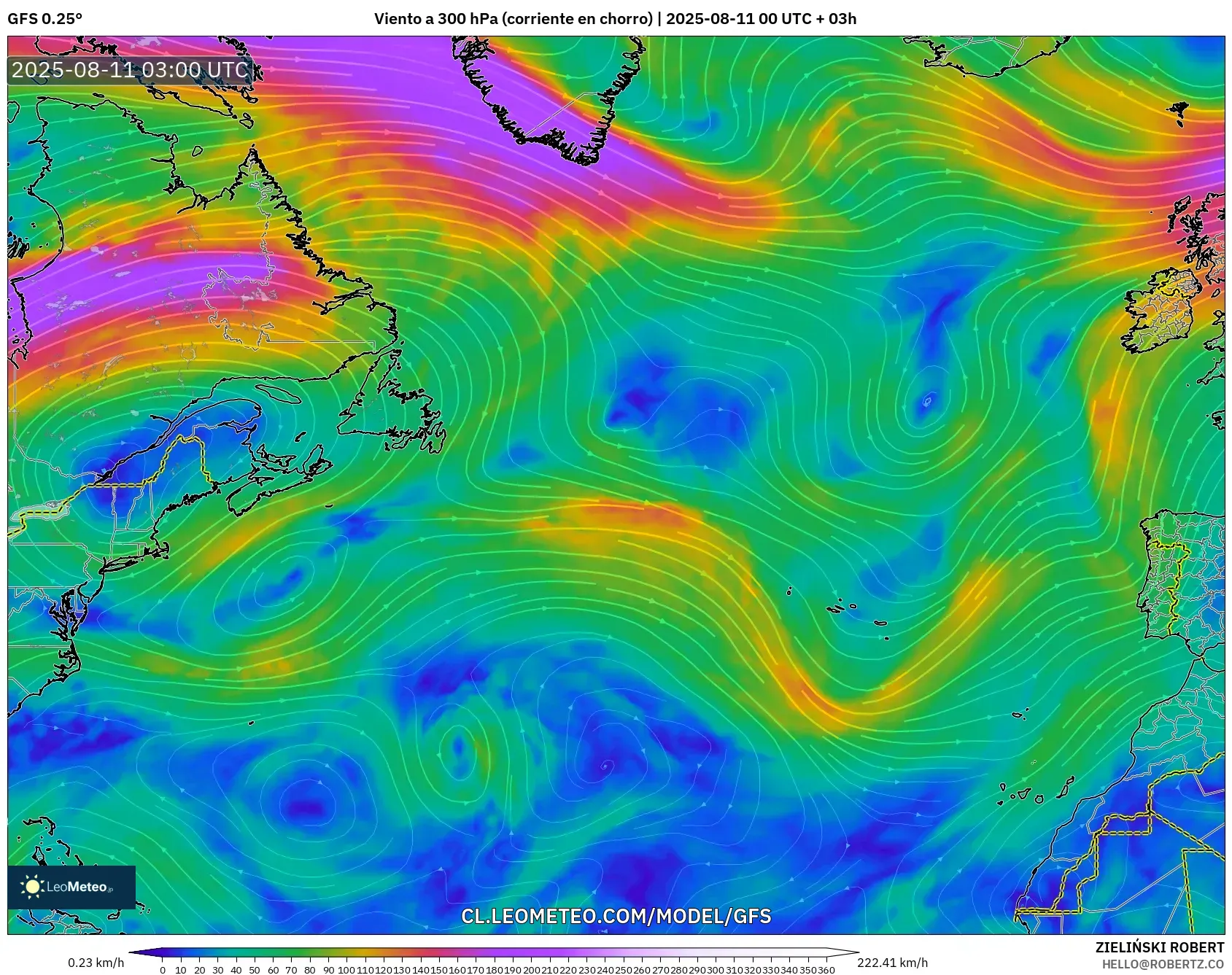GFS model - Norte Atlántico, Viento a 300 hPa (corriente en chorro) GFS model - Norte Atlántico, Viento a 300 hPa (corriente en chorro)