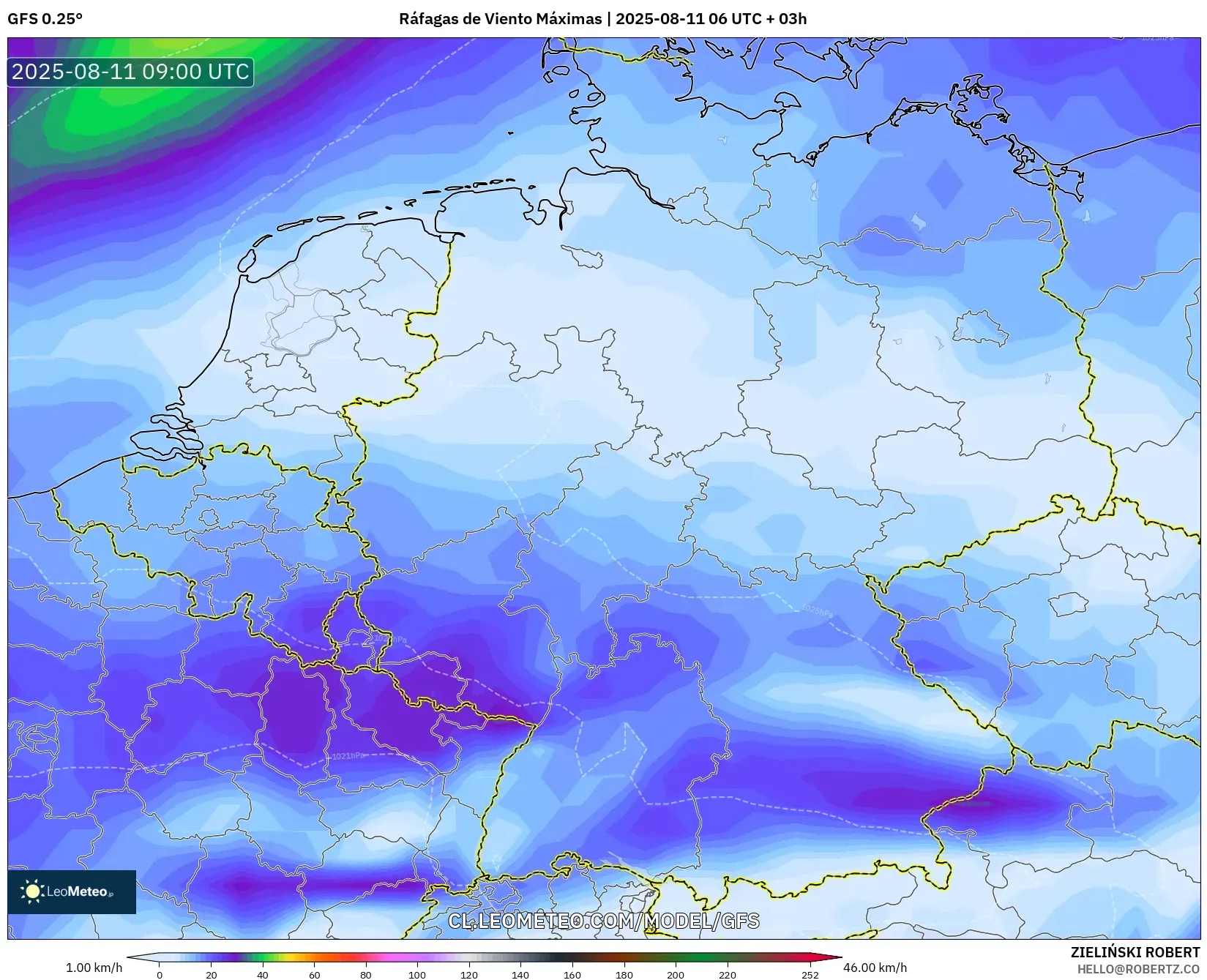 GFS model - Alemania, Ráfagas de Viento Máximas