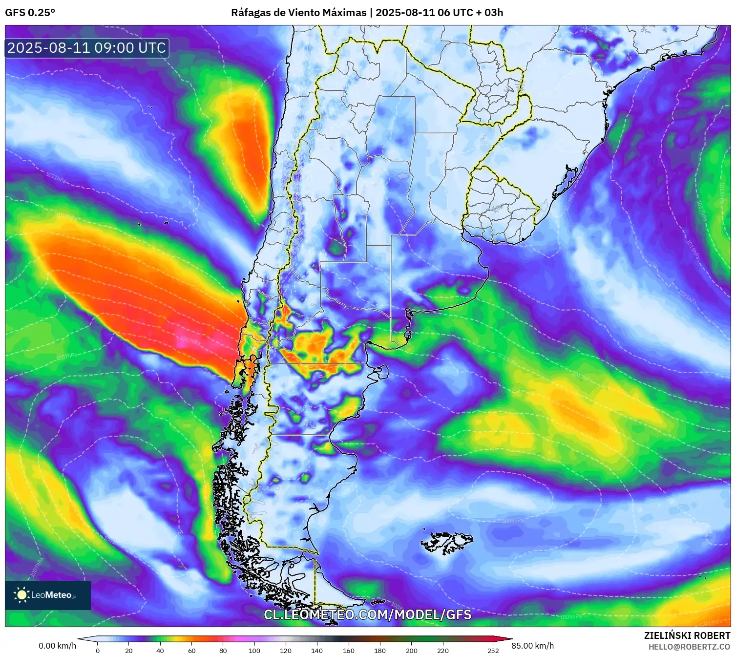 GFS model - Argentina, Ráfagas de Viento Máximas GFS model - Argentina, Ráfagas de Viento Máximas