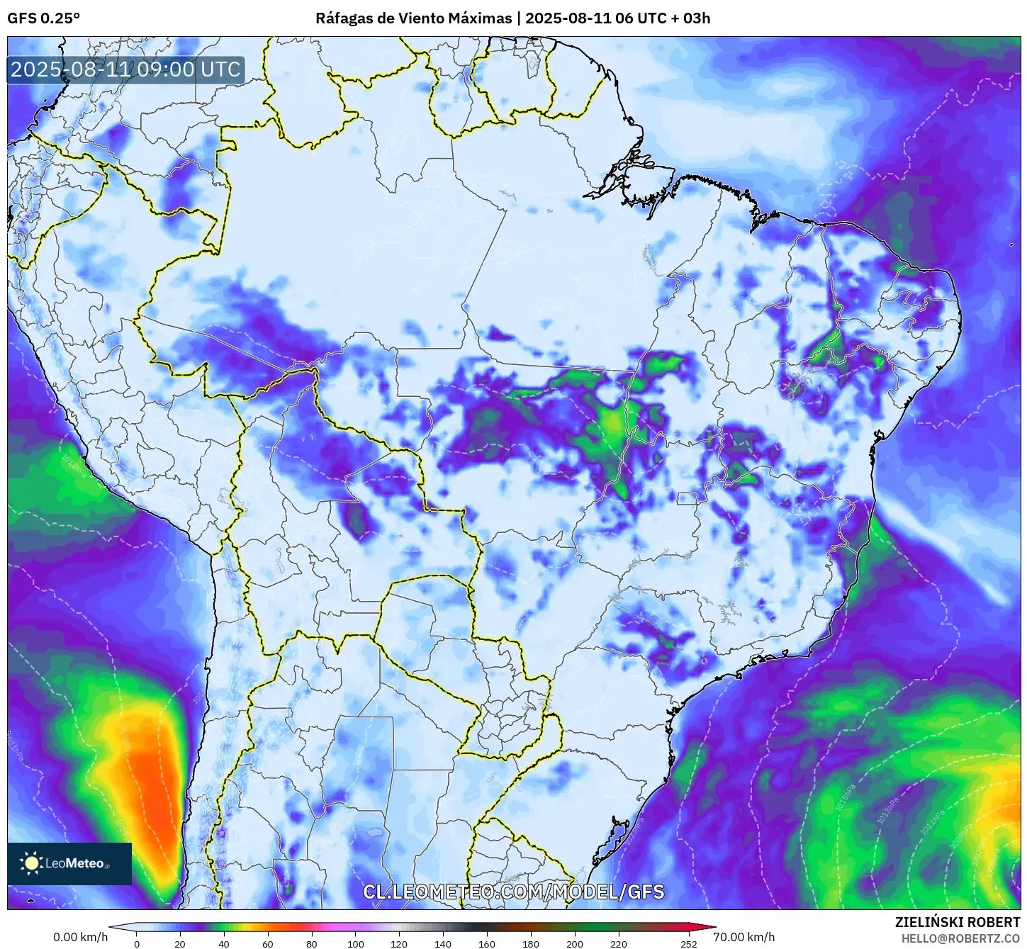 GFS model - Brasil, Ráfagas de Viento Máximas