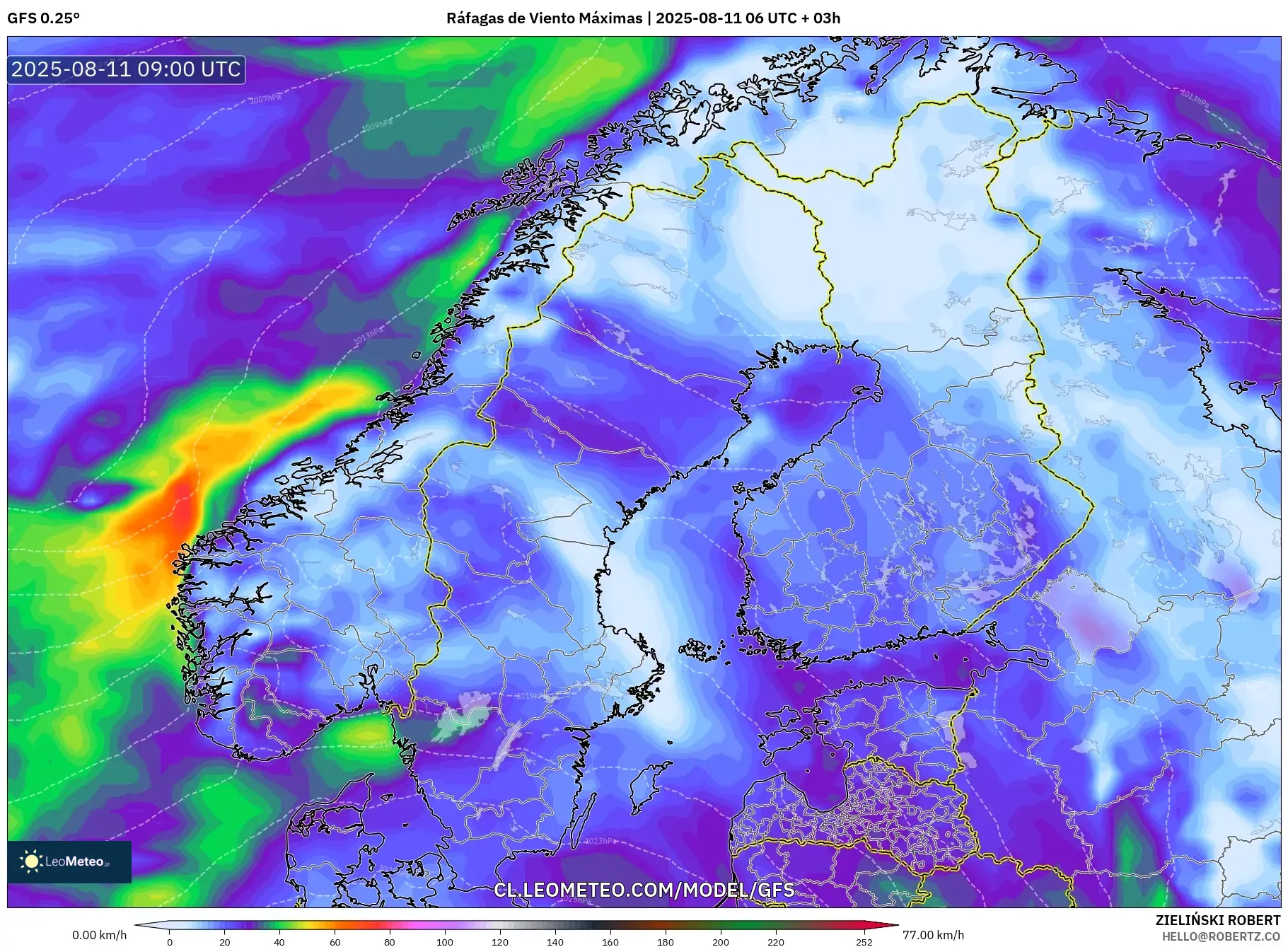 GFS model - Escandinavia, Ráfagas de Viento Máximas GFS model - Escandinavia, Ráfagas de Viento Máximas