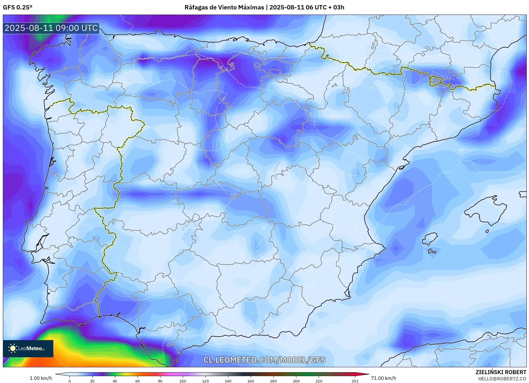 GFS model - España, Ráfagas de Viento Máximas