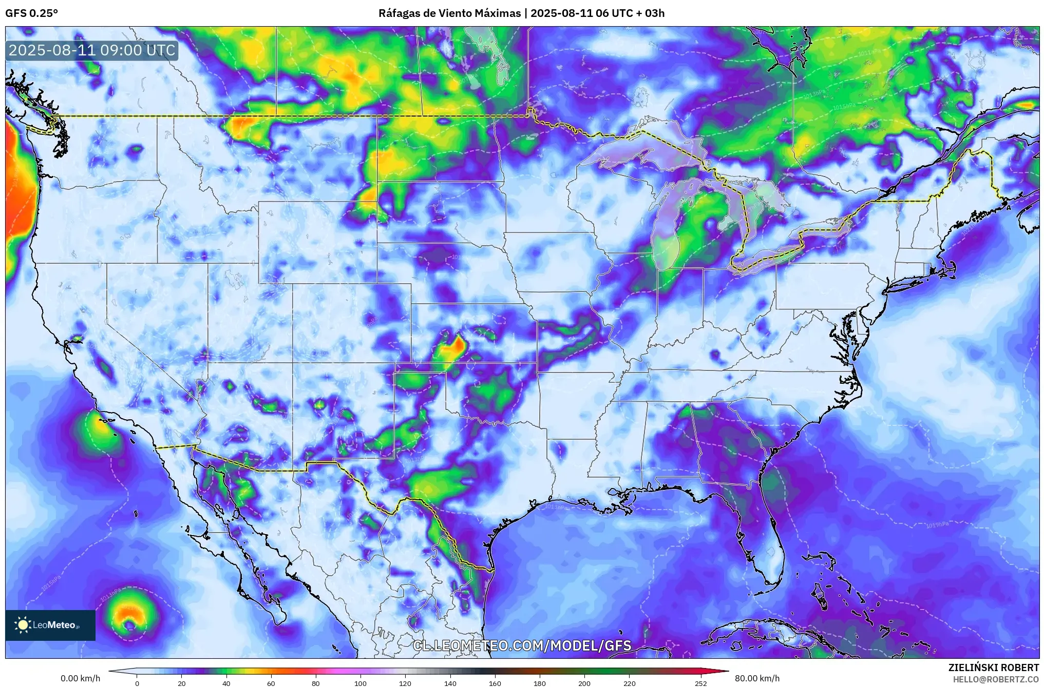 GFS model - Estados Unidos, Ráfagas de Viento Máximas