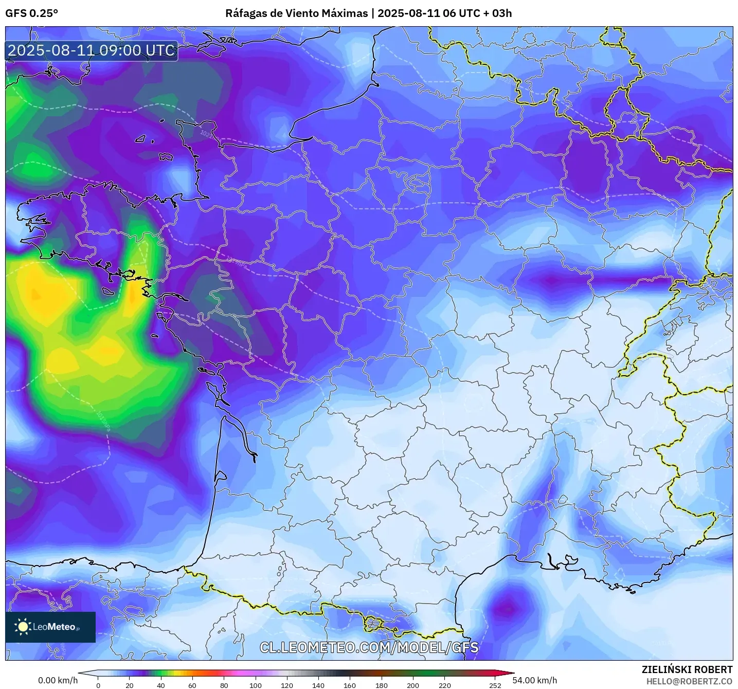 GFS model - Francia, Ráfagas de Viento Máximas GFS model - Francia, Ráfagas de Viento Máximas