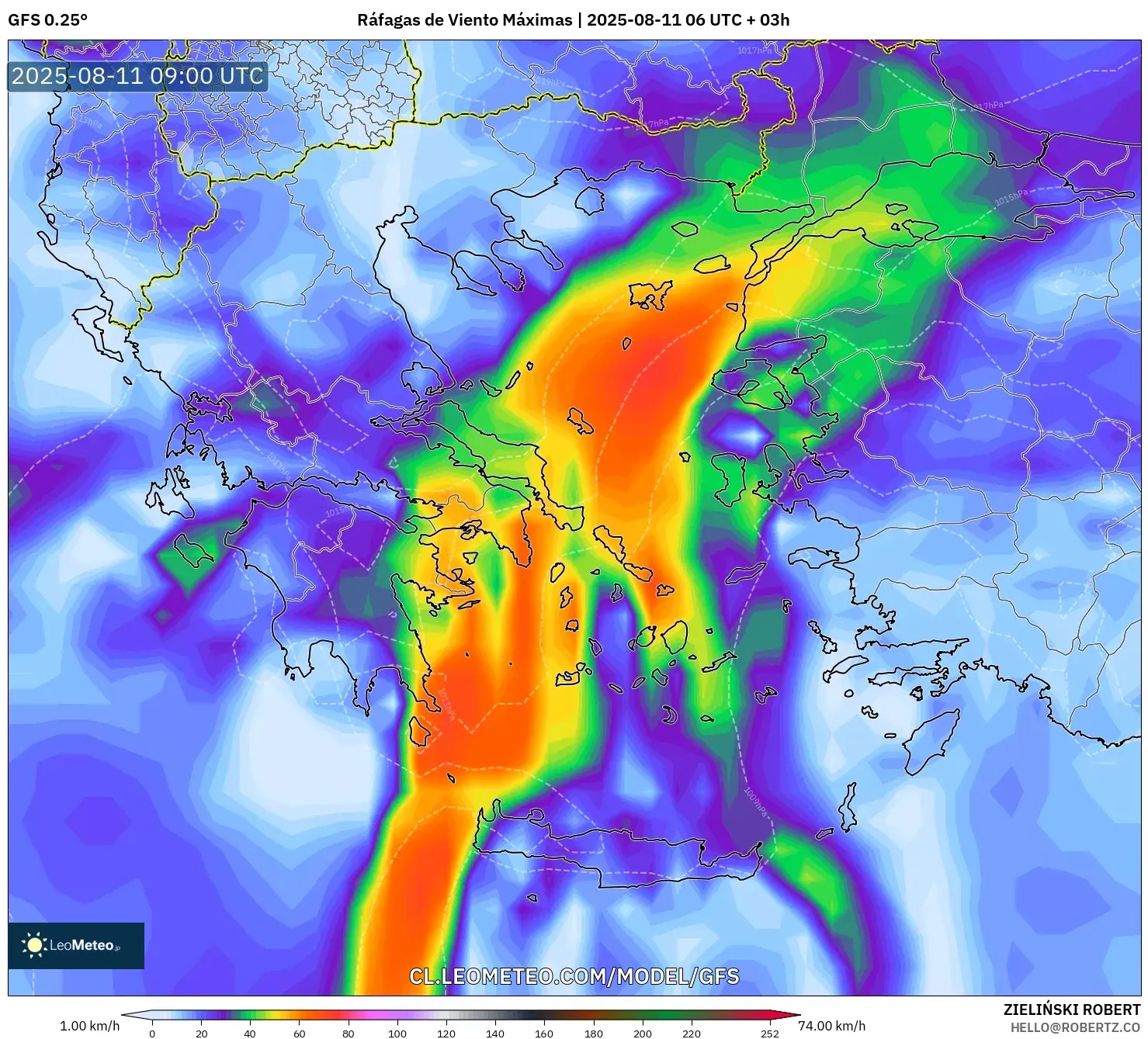 GFS model - Grecia, Ráfagas de Viento Máximas