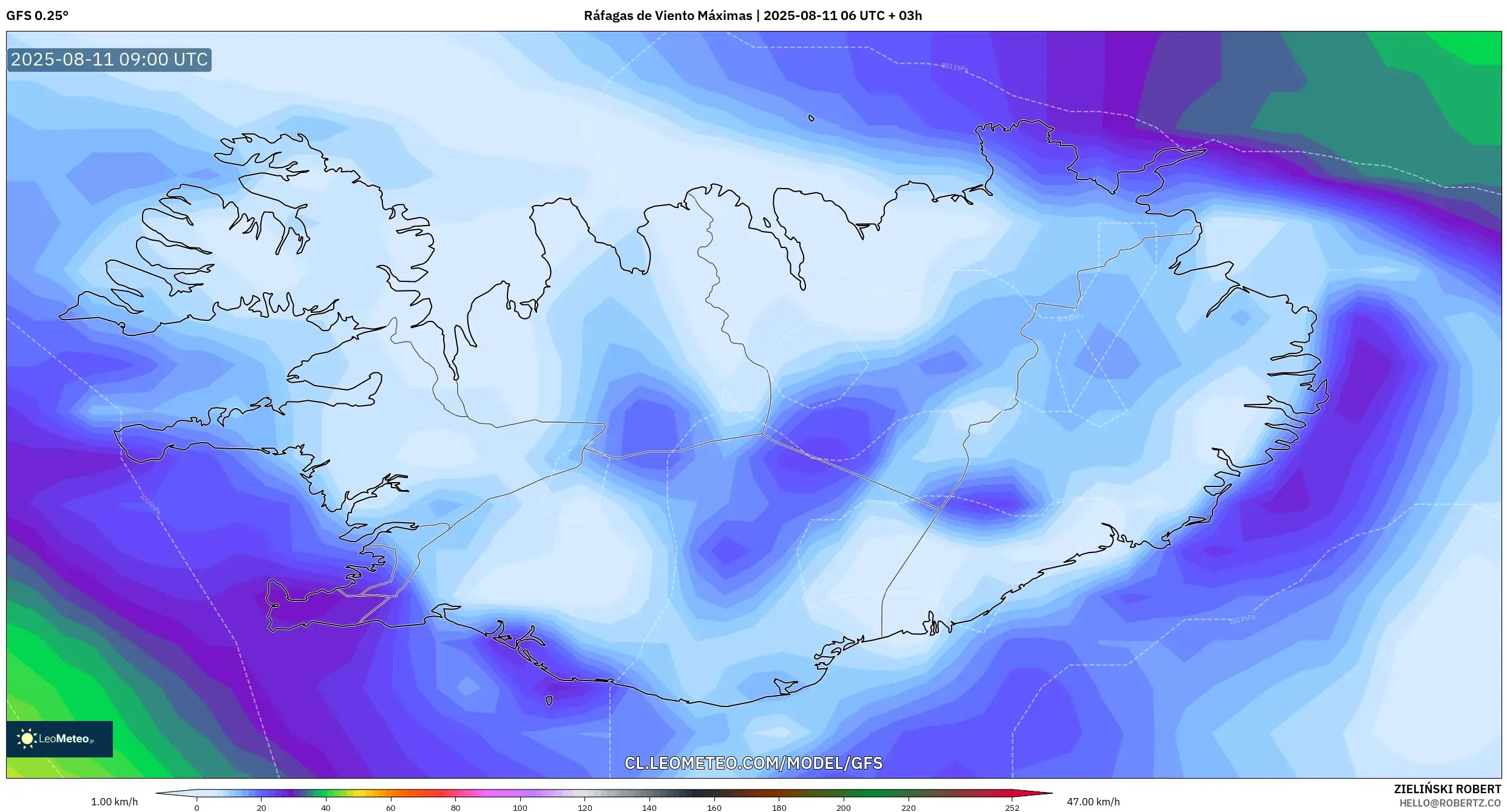 GFS model - Islandia, Ráfagas de Viento Máximas