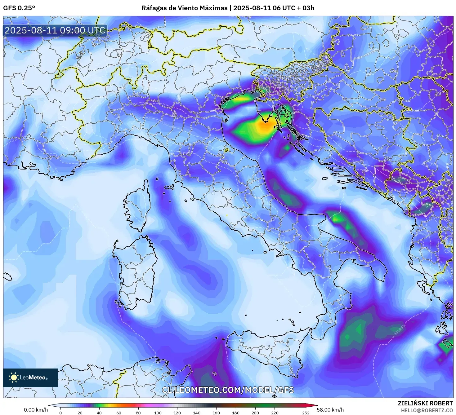 GFS model - Italia, Ráfagas de Viento Máximas