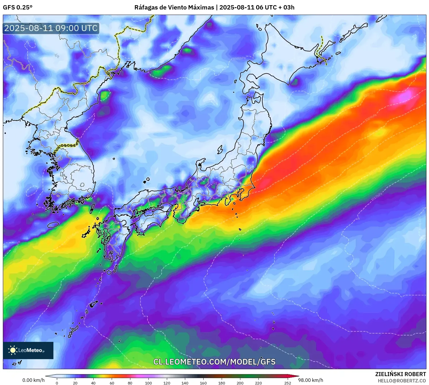 GFS model - Japón, Ráfagas de Viento Máximas