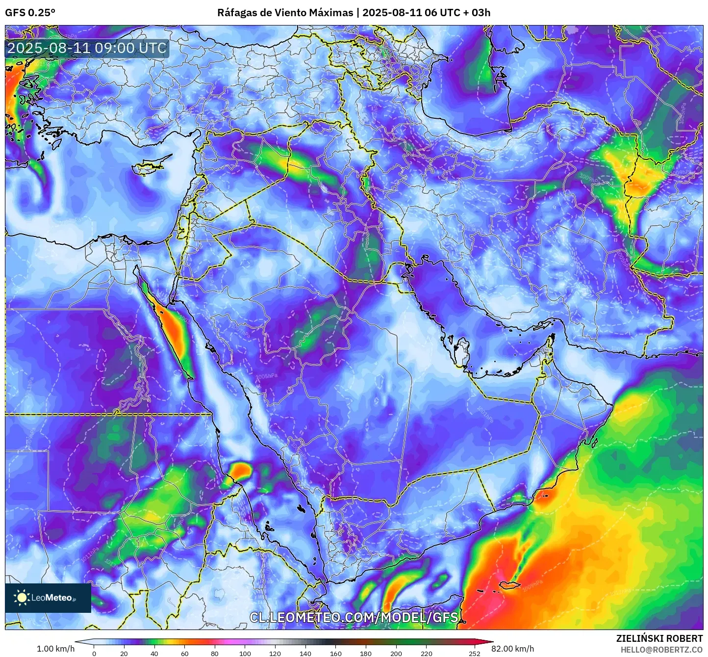 GFS model - Oriente Medio, Ráfagas de Viento Máximas GFS model - Oriente Medio, Ráfagas de Viento Máximas