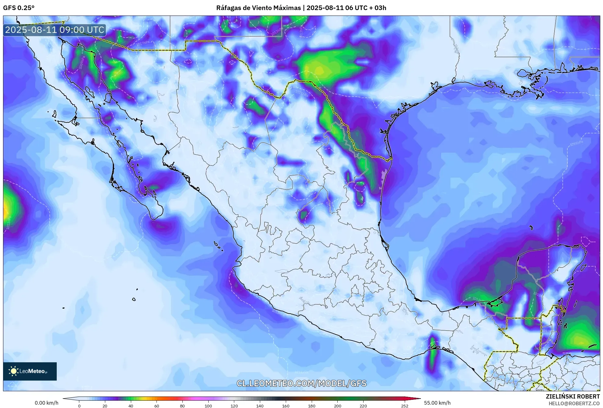 GFS model - México, Ráfagas de Viento Máximas GFS model - México, Ráfagas de Viento Máximas