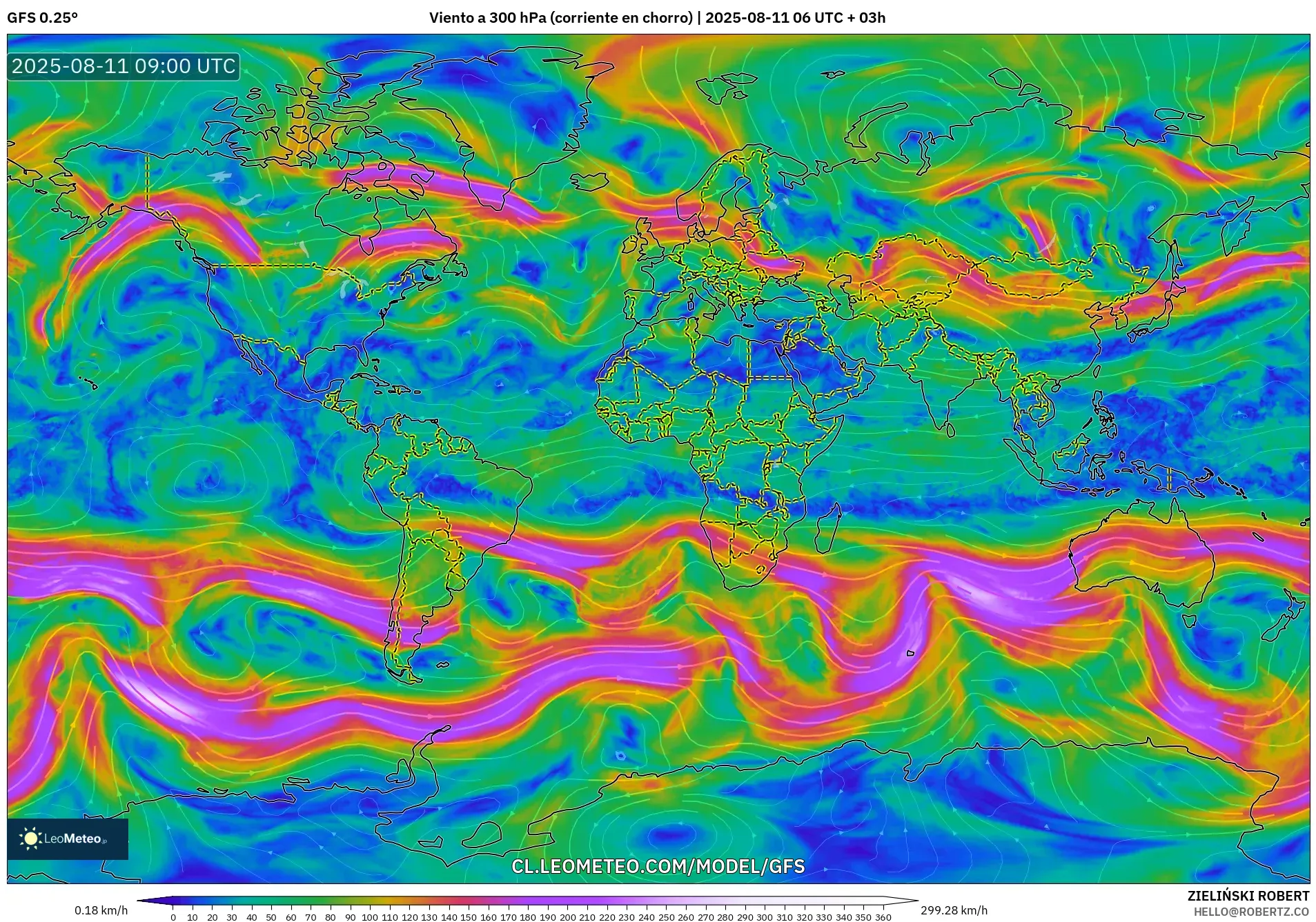 GFS model - Mundo, Viento a 300 hPa (corriente en chorro)