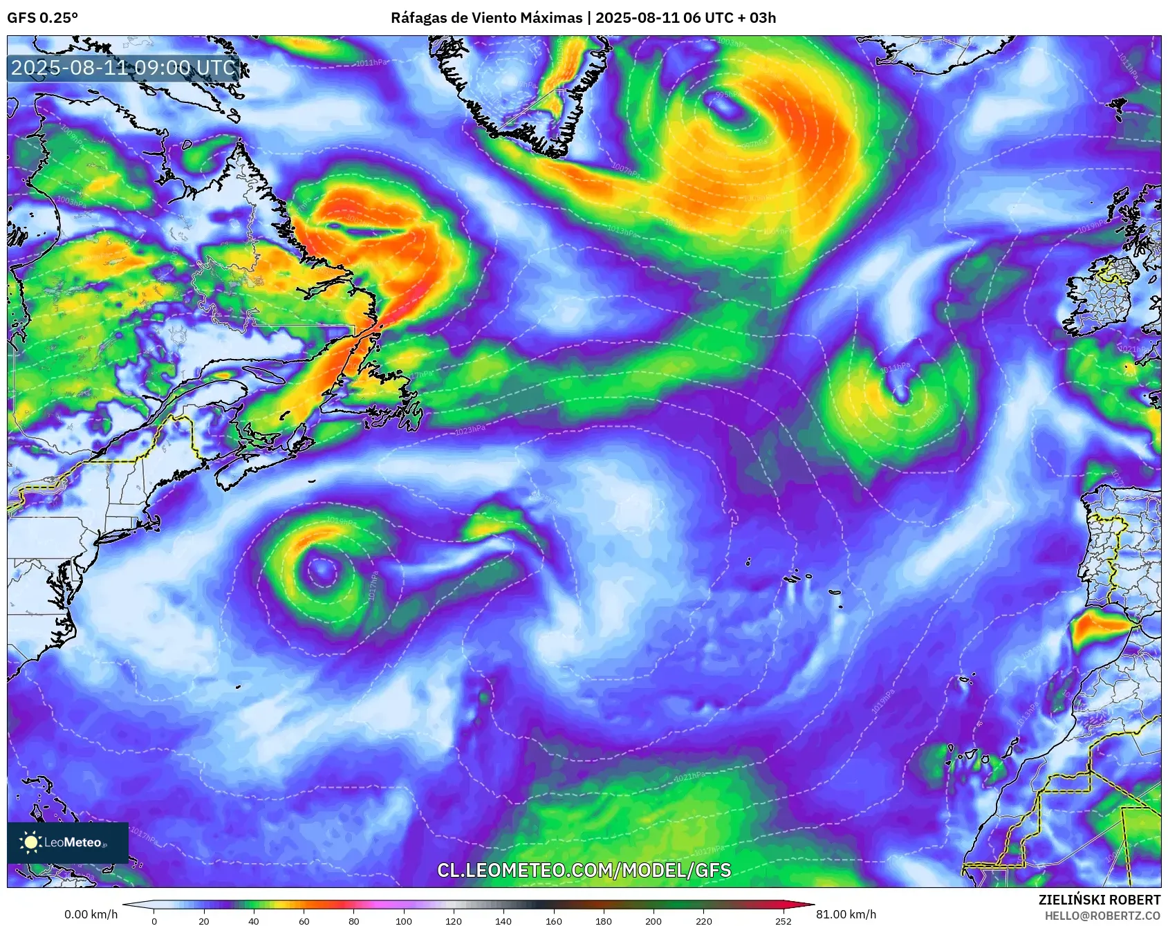 GFS model - Norte Atlántico, Ráfagas de Viento Máximas