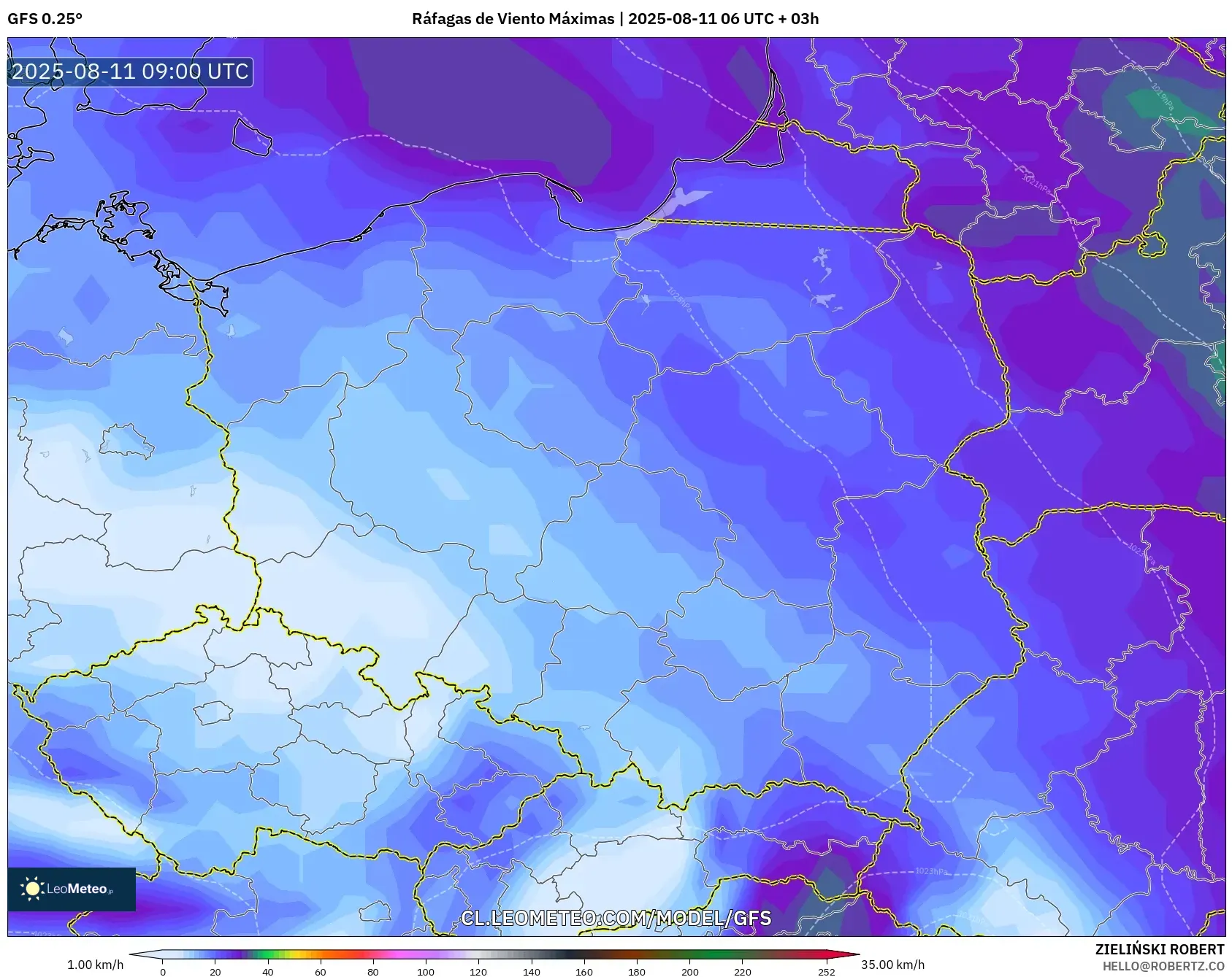 GFS model - Polonia, Ráfagas de Viento Máximas