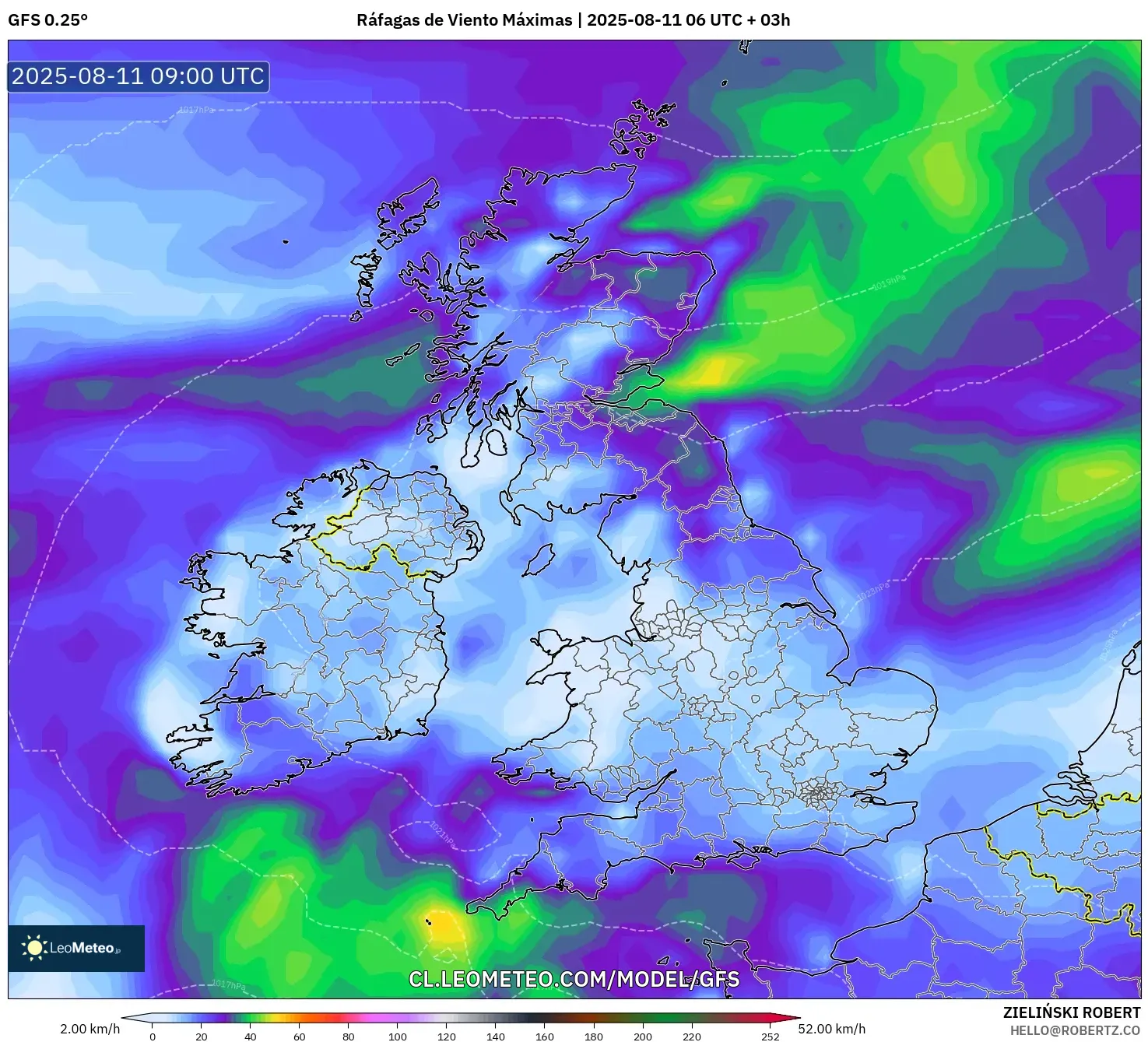 GFS model - Reino Unido, Ráfagas de Viento Máximas