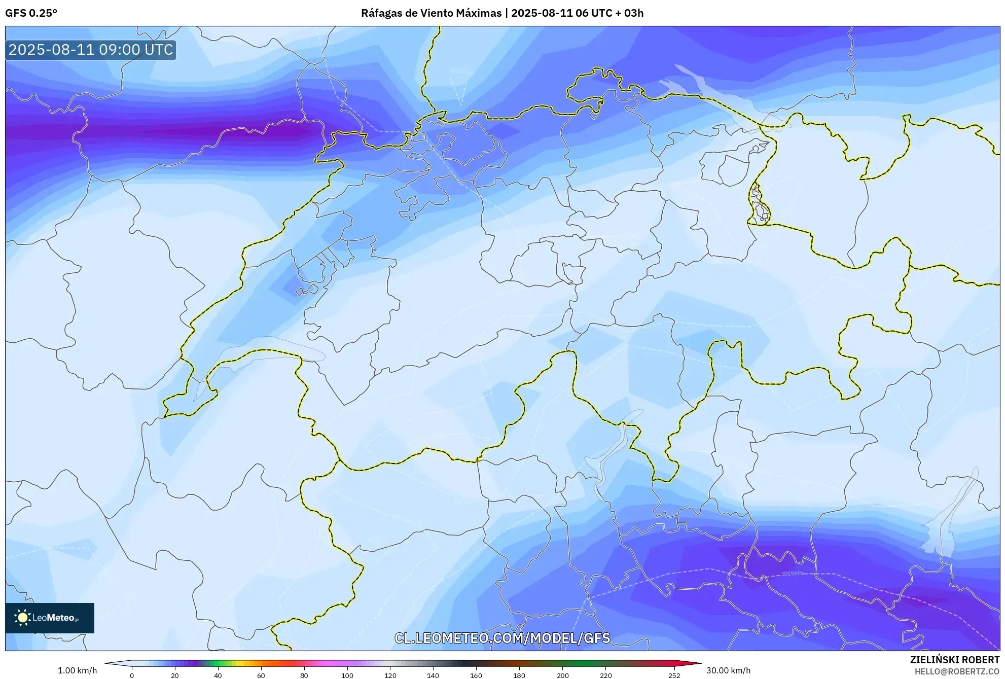 GFS model - Suiza, Ráfagas de Viento Máximas