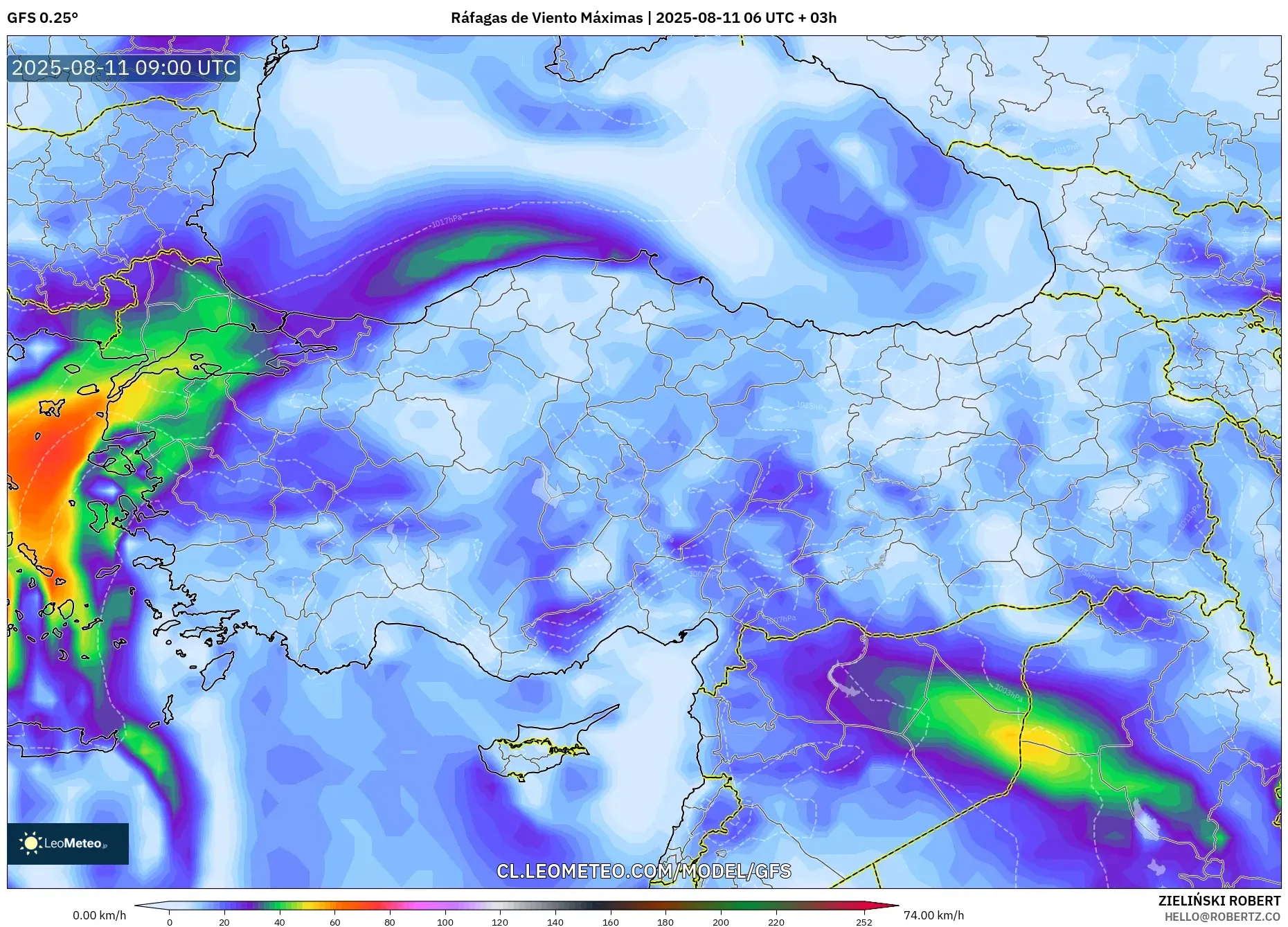 GFS model - Turquía, Ráfagas de Viento Máximas