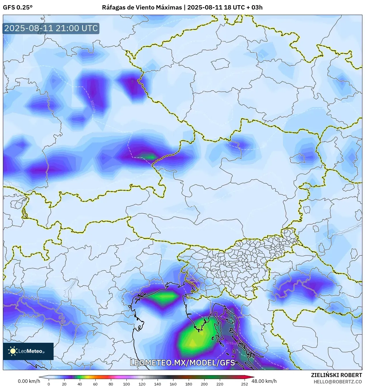 GFS model - Austria, Ráfagas de Viento Máximas GFS model - Austria, Ráfagas de Viento Máximas